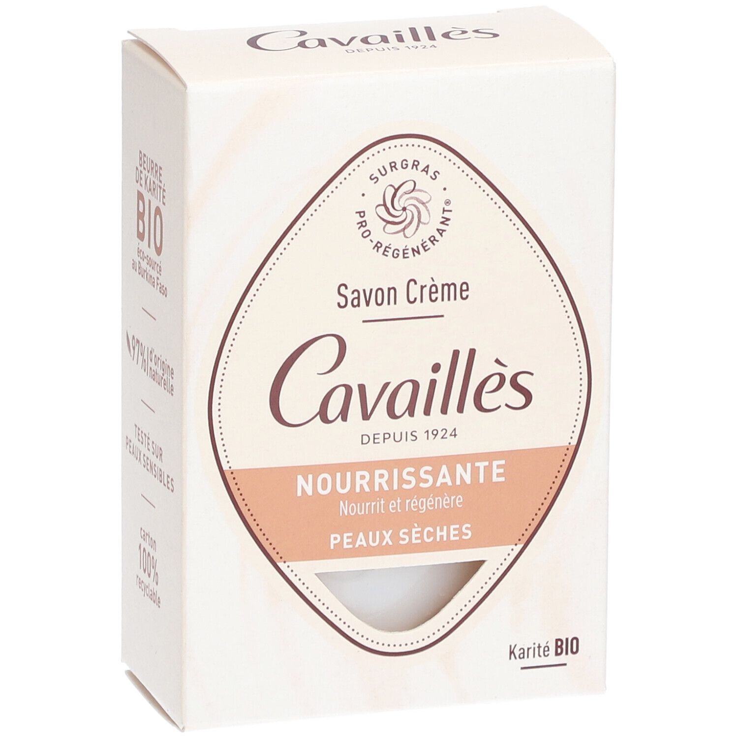 Cavaillès Cremeseife in Kartonverpackung. Aufdruck: Savon Crème, Nourrissante, Peaux Sèches. Karité BIO.