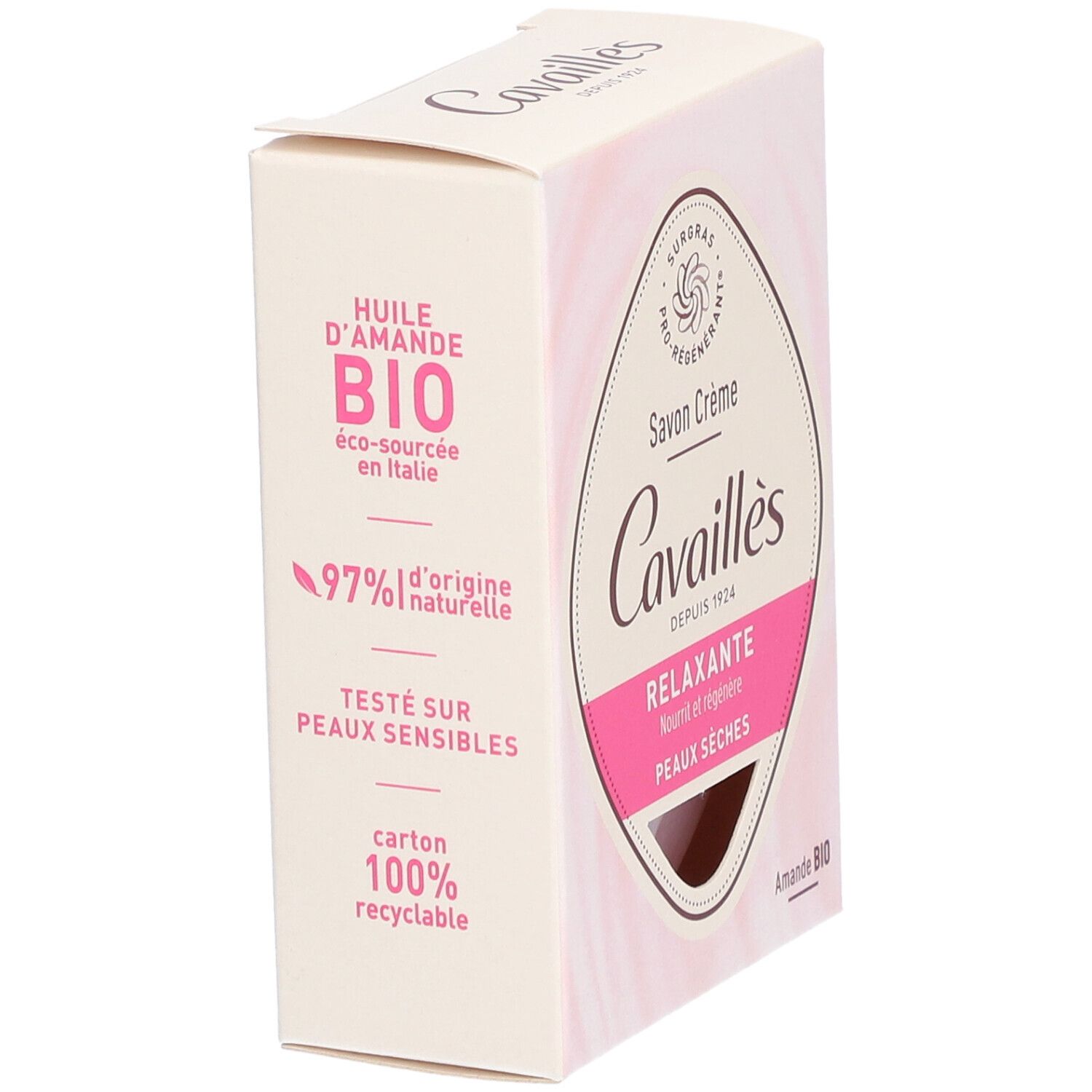 Boîte de savon crème. Côté avec texte: Huile d'Amande BIO, 97% d'origine naturelle, Testé sur peaux sensibles.