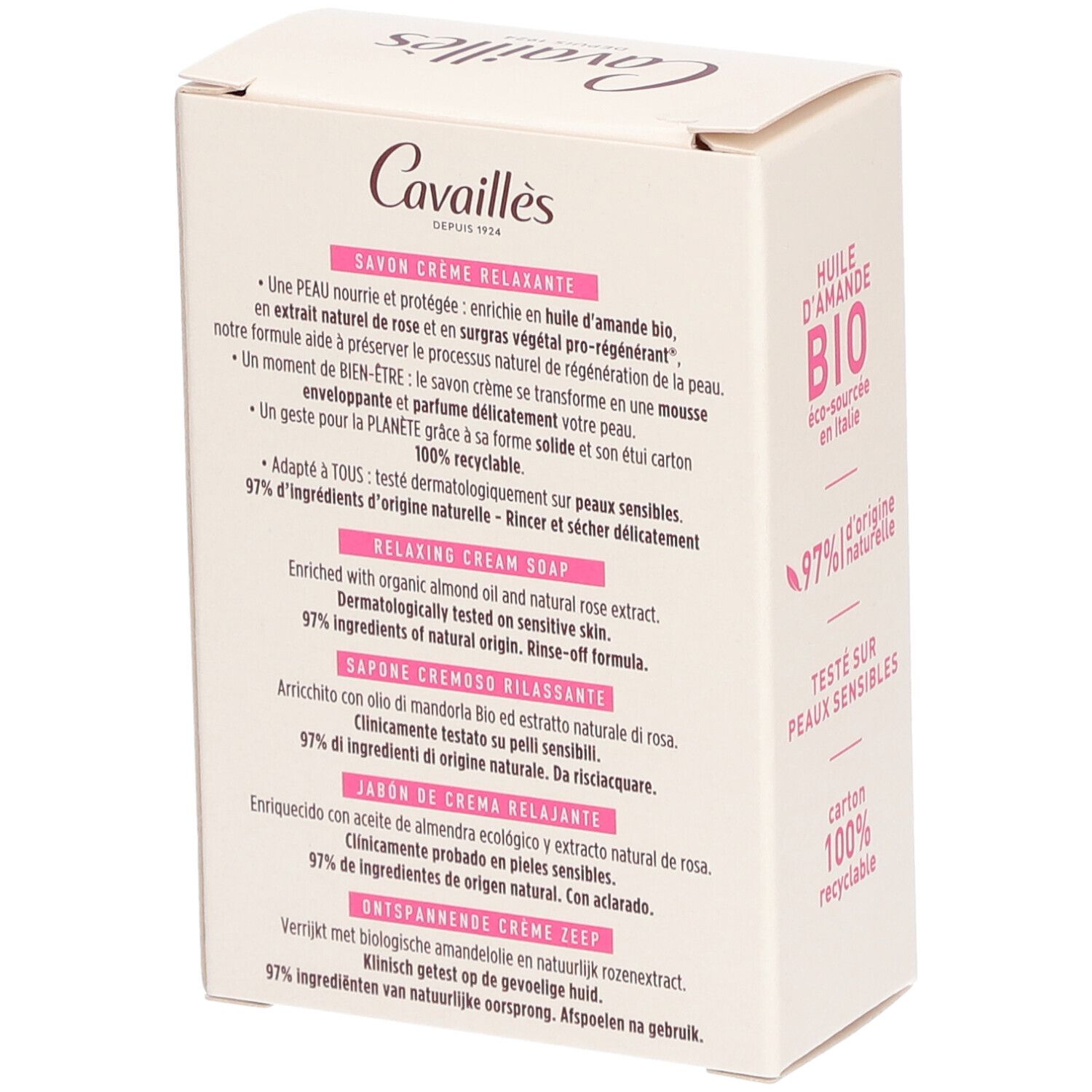 Dos de la boîte de savon crème. Texte en plusieurs langues, dont de, fr, it, nl. Contient des informations sur le produit.