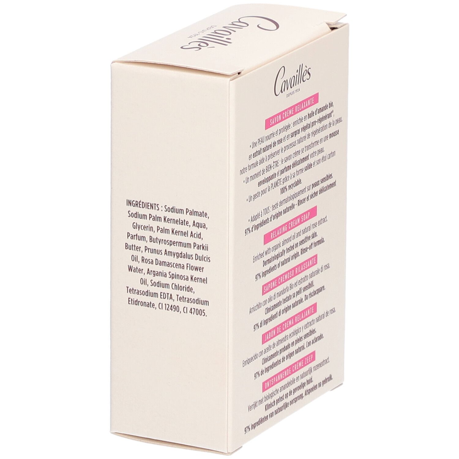 Côté de la boîte de savon crème. Contient les ingrédients et d'autres informations sur le produit en français.