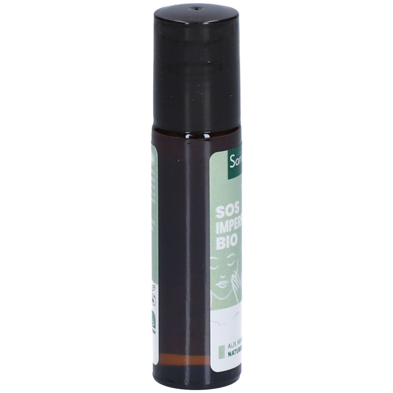 Roll-on Santarome SOS Imperfections Bio. Flacon en verre brun, bouchon noir. Étiquette verte avec texte.