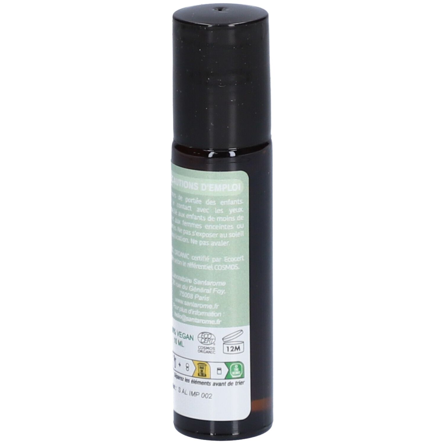 Roll-on Santarome SOS Imperfections Bio. Flacon brun, bouchon noir. Étiquette verte avec texte et logos.