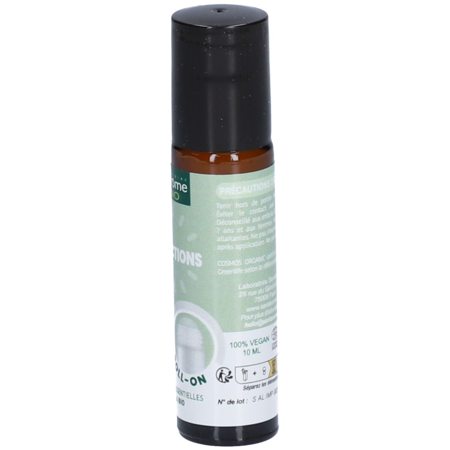 Roll-on Santarome SOS Imperfections Bio. Flacon brun, bouchon noir. Étiquette verte avec texte et logos.
