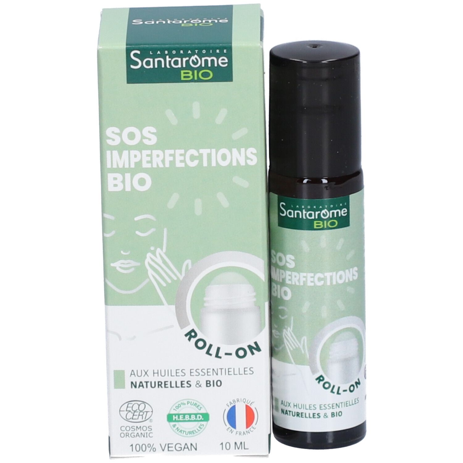 Santarome SOS Imperfections Roll-On Bio et emballage. Flacon et boîte. Emballage vert avec texte et logos.