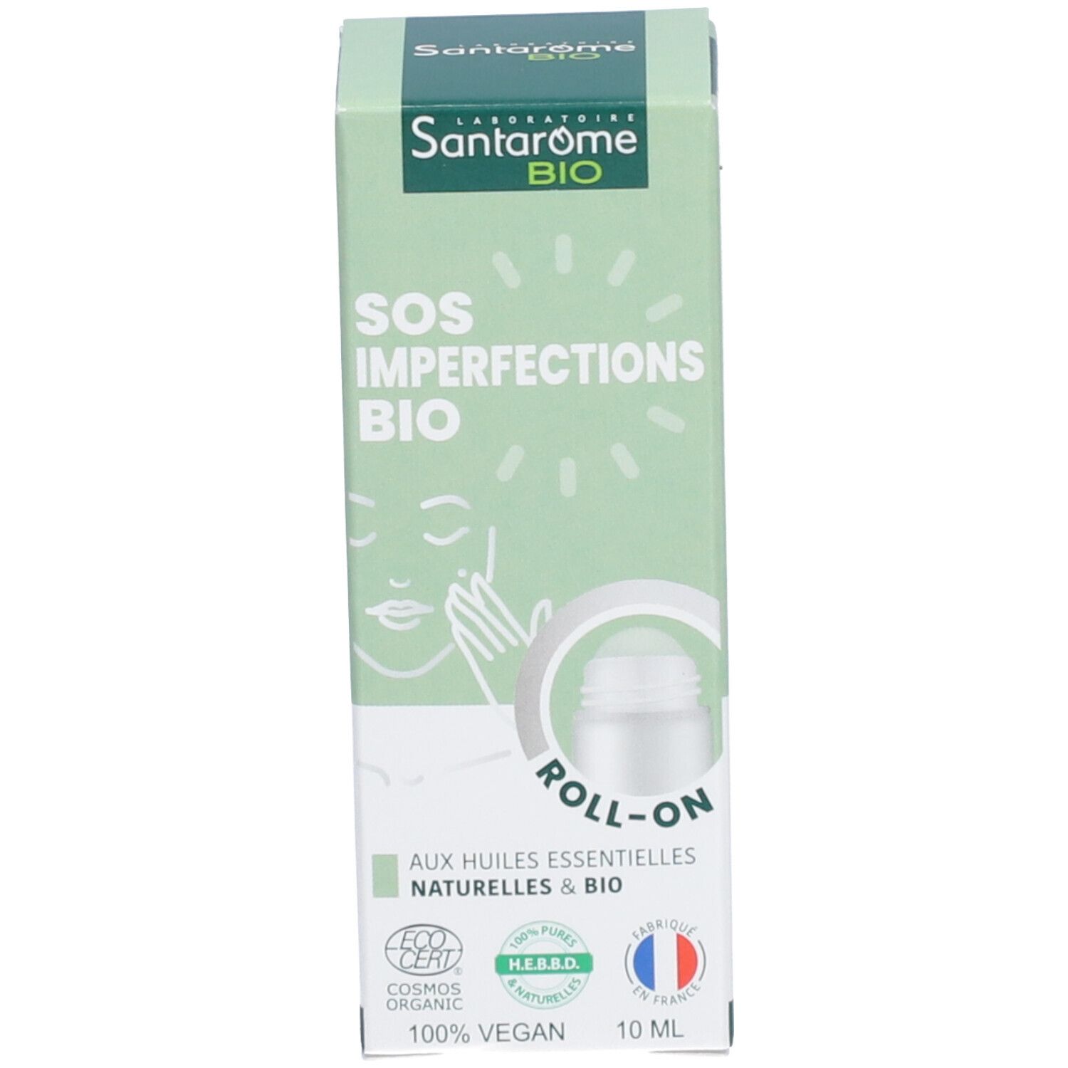 Emballage Santarome SOS Imperfections Bio. Boîte verte avec texte, logos et illustration.