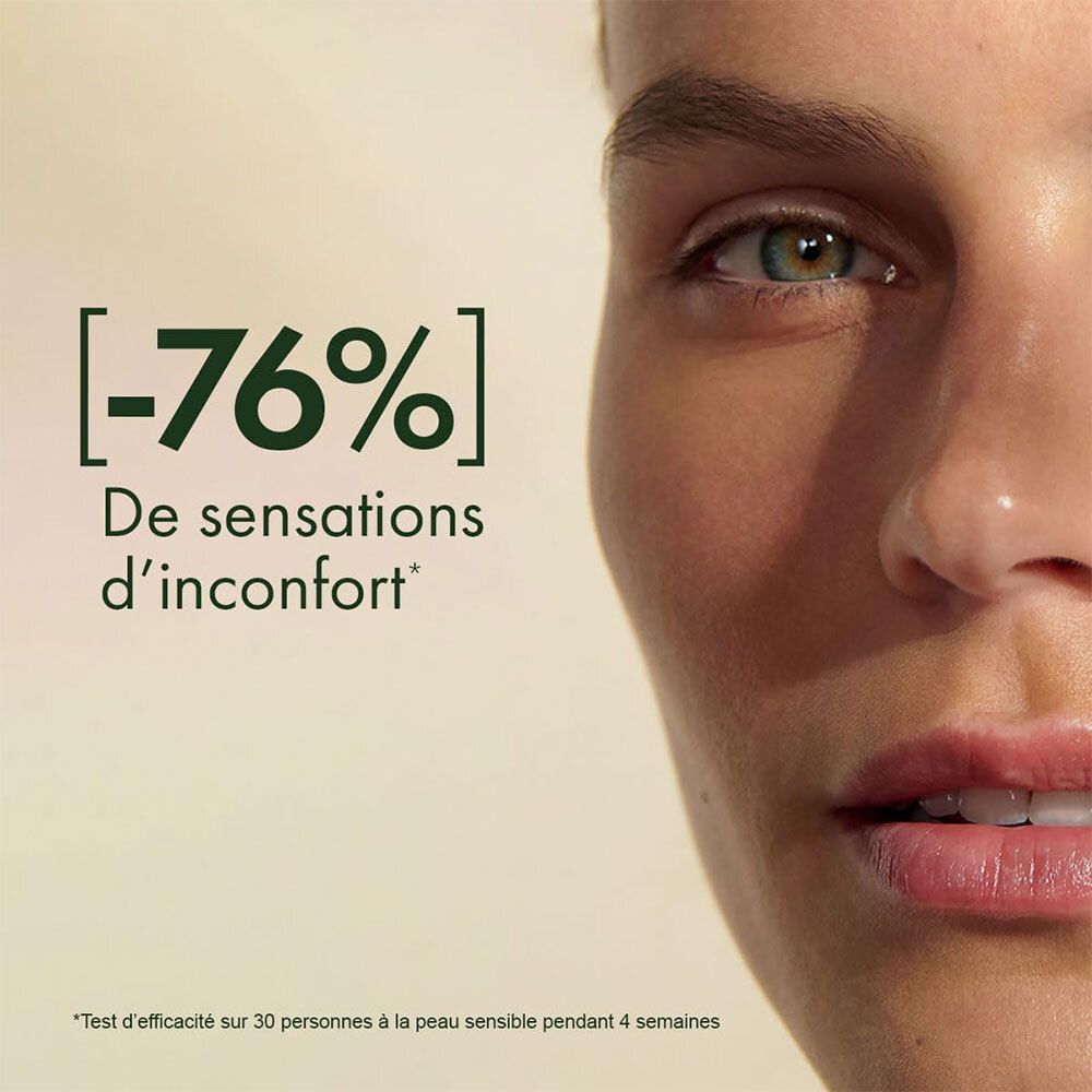 Gesicht einer Frau. Text: -76% De sensations d'inconfort. Hintergrund gelblich. Getestet an empfindlicher Haut.