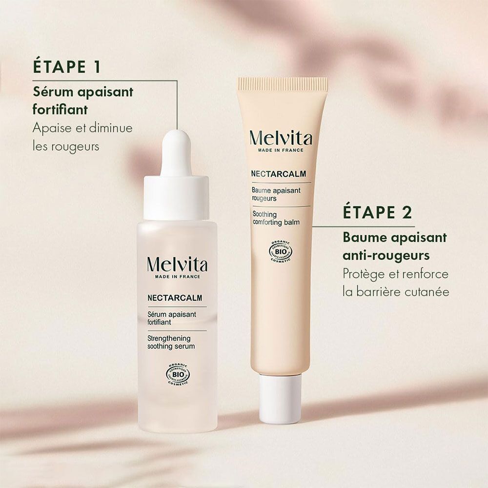 Zwei Produkte: Serum und Balsam. Melvita NectarCalm. Text: Sérum apaisant fortifiant. Baume apaisant anti-rougeurs. Bio-Zertifizierung.