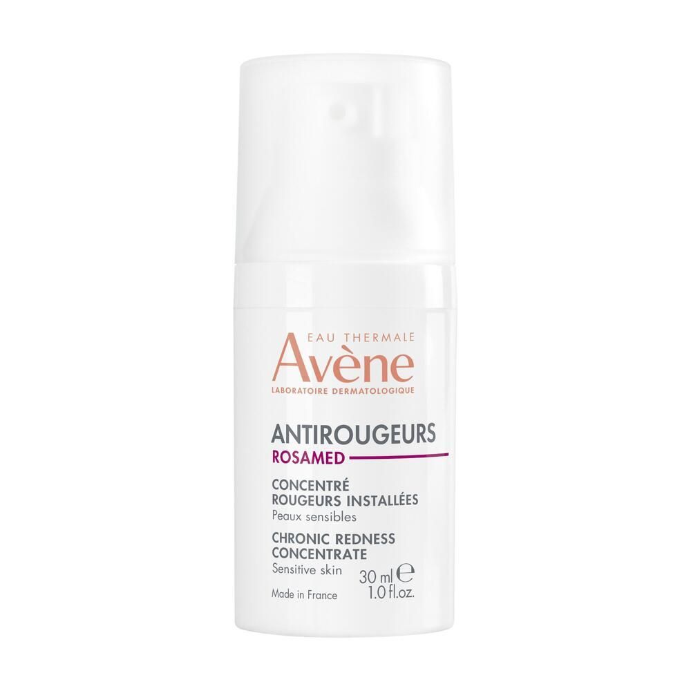 AVENE Antirougeurs Rosamed Concentré. Flacon blanc avec pompe doseuse. 30 ml. Texte: Antirougeurs Rosamed, Concentré, Peaux sensibles.