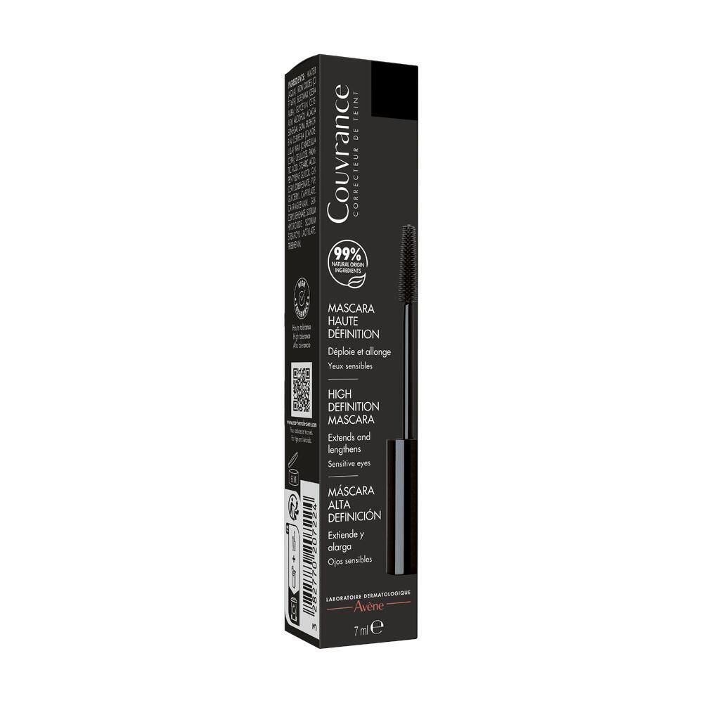 Schwarze Mascara in Verpackung. Aufschrift: Couvrance, Mascara Haute Définition, 99% natürliche Inhaltsstoffe.