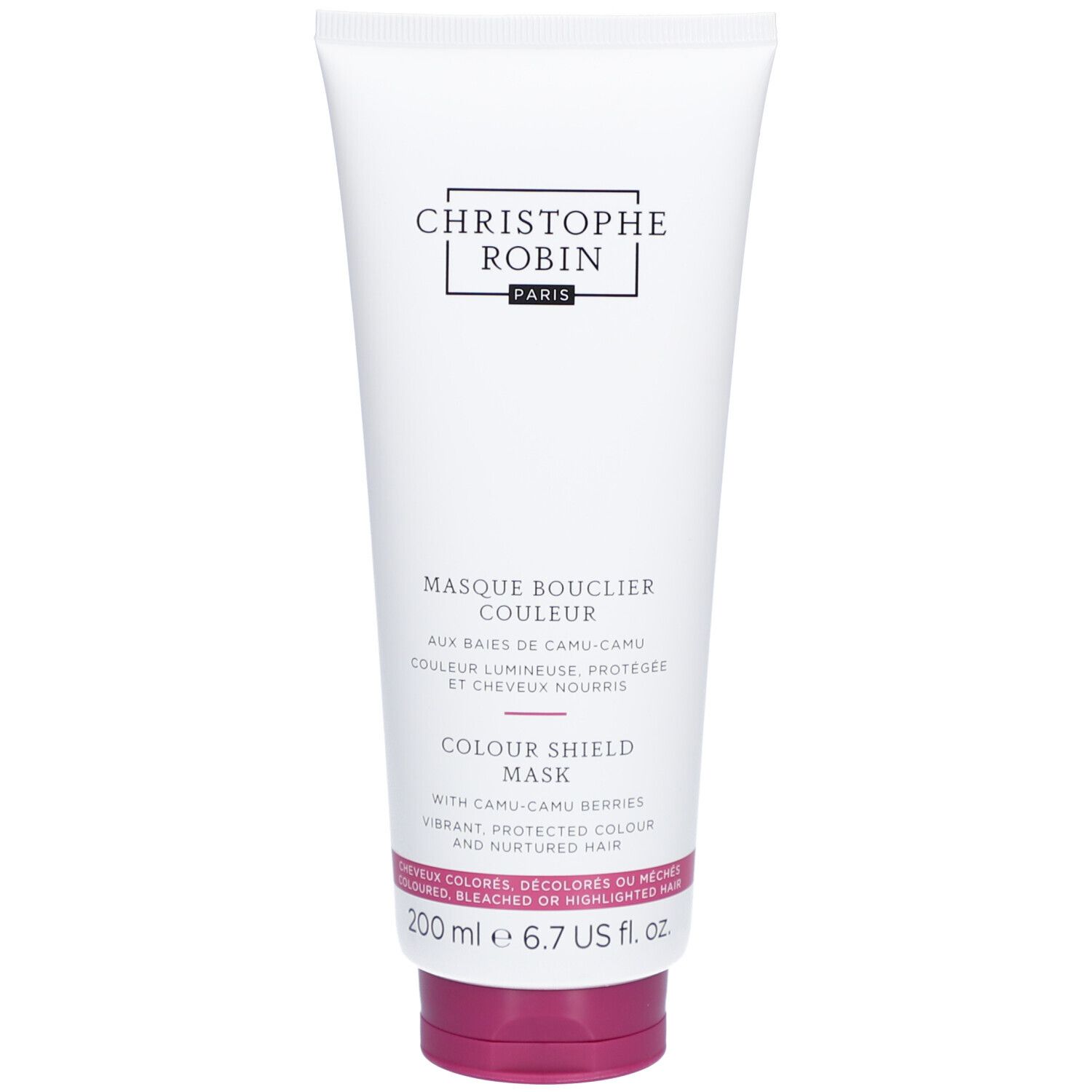Tube blanc avec nom et logo du produit. Texte: Masque Bouclier Couleur, Colour Shield Mask. Bouchon rose.
