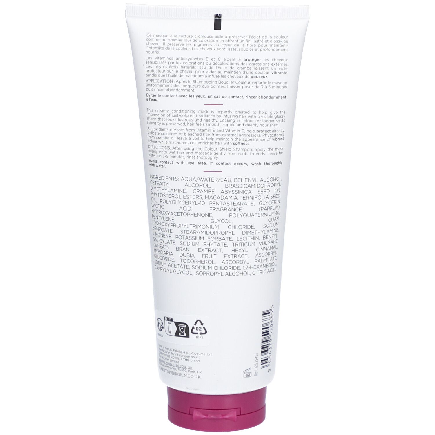 Dos du tube. Texte et ingrédients. Blanc avec bouchon rose.