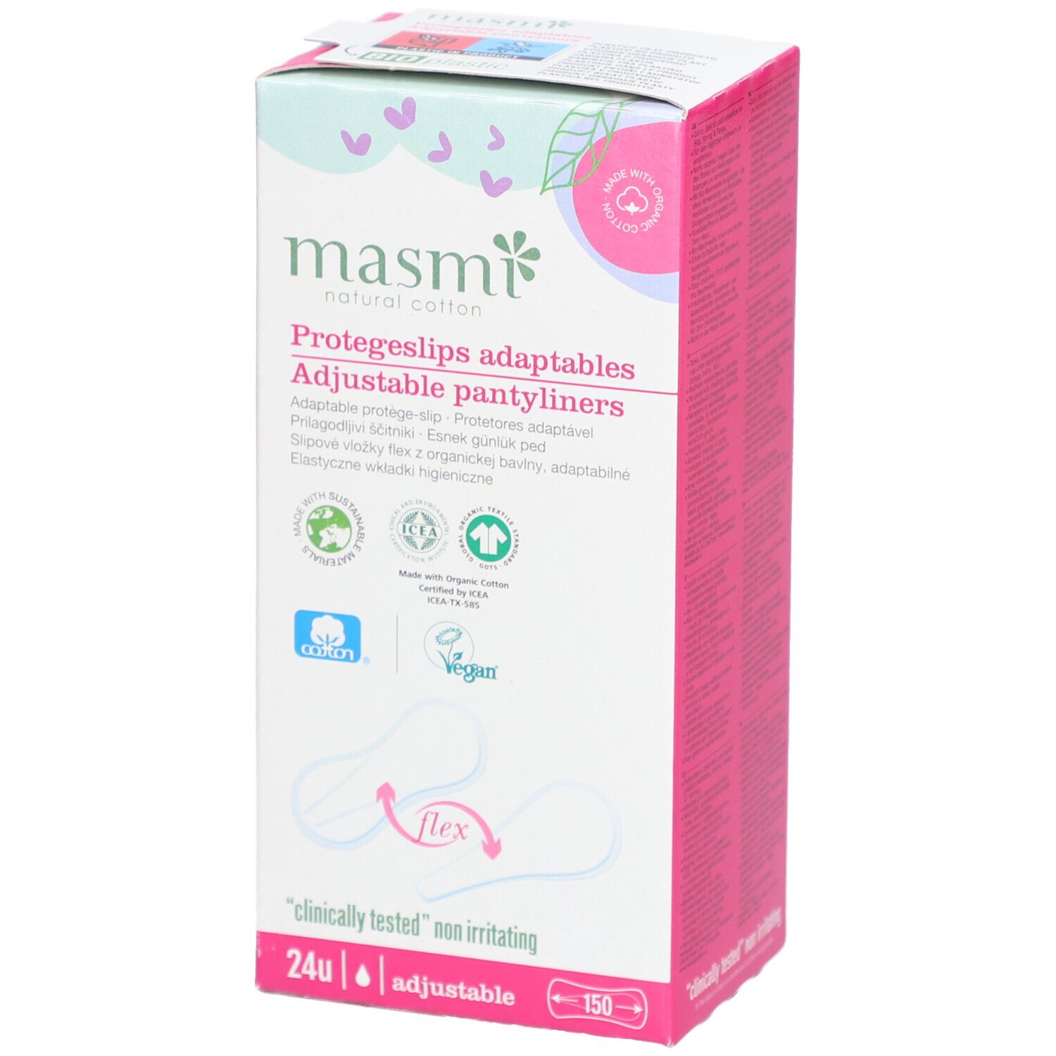 Verpakking van masmi Bio Slipeinlagen Flex. Roze en wit. Tekst: Protegeslips adaptables, 24u, adjustable.