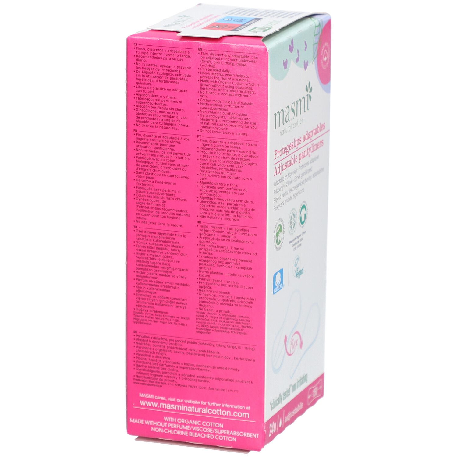 Achterkant van de masmi Bio Slipeinlagen Flex verpakking. Roze met meertalige tekst. Logo's en certificeringen.
