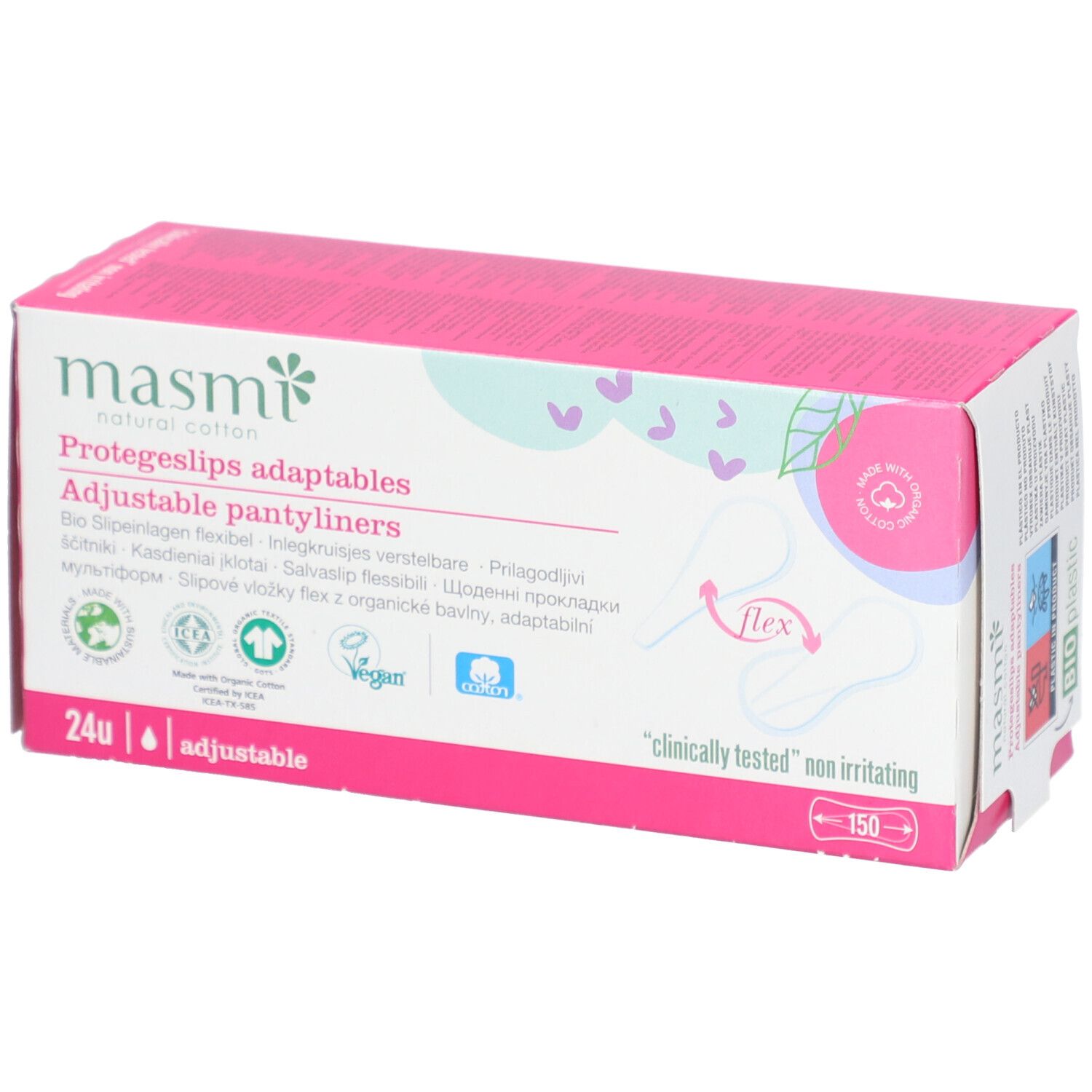 Masmi Bio Slipeinlagen Flex verpakking. Roze en wit. Tekst: Protegeslips adaptables, 24u, adjustable. Logo's.