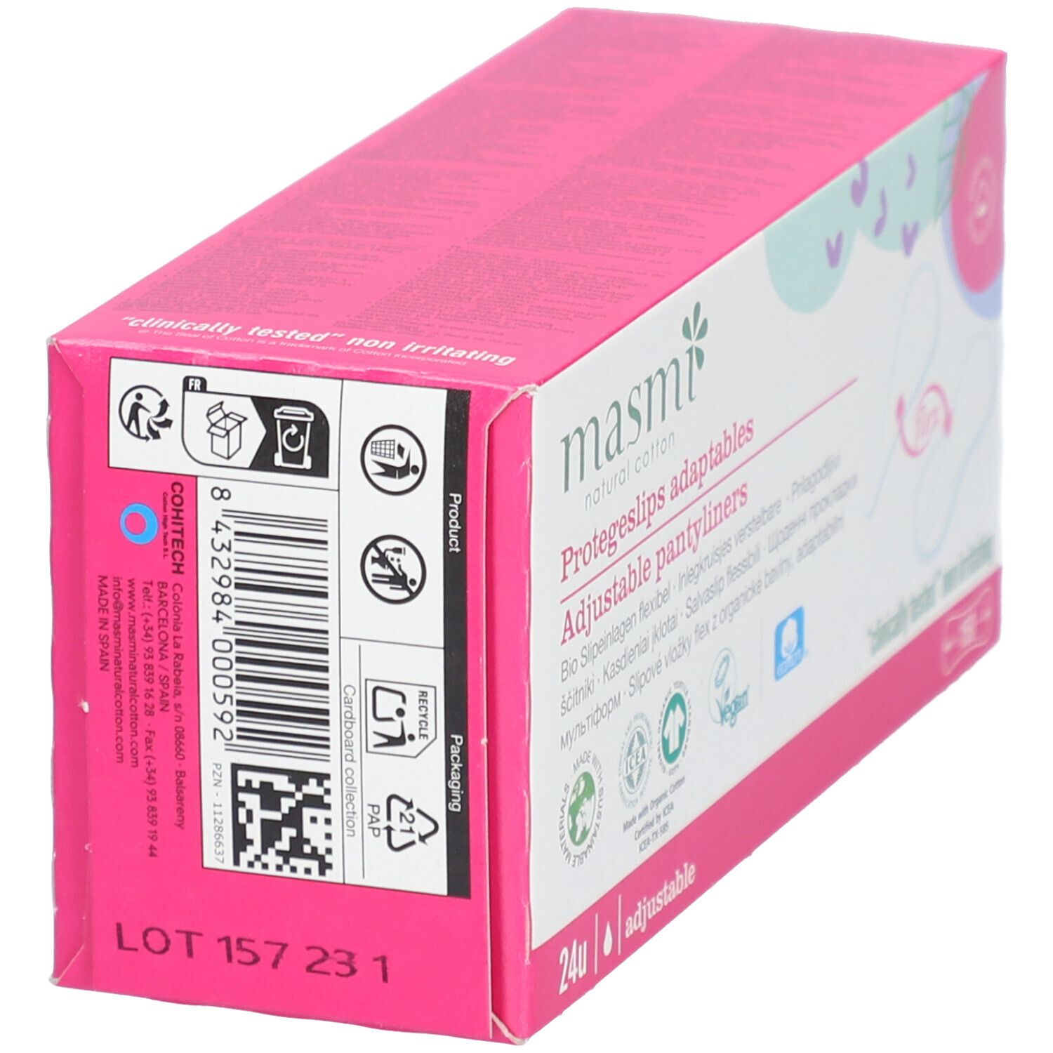 Masmi Bio Slipeinlagen Flex verpakking. Roze. Barcode, recyclingsymbolen, lotnummer. Tekst: 24u, adjustable.