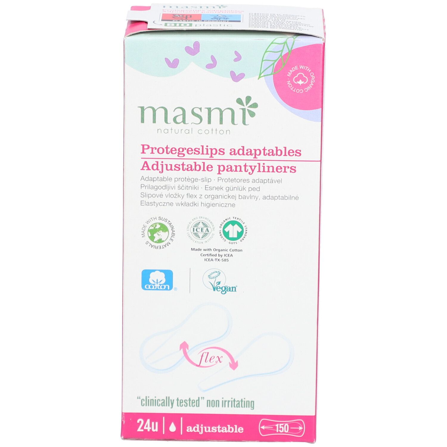 Masmi Bio Slipeinlagen Flex verpakking. Roze en wit. Tekst: Protegeslips adaptables, 24u, adjustable. Logo's.