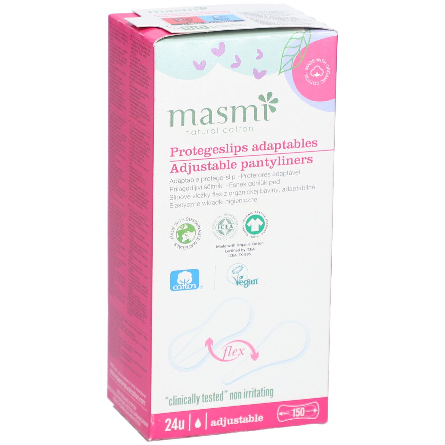 Masmi Bio Slipeinlagen Flex verpakking. Roze en wit. Tekst: Protegeslips adaptables, 24u, adjustable. Logo's.