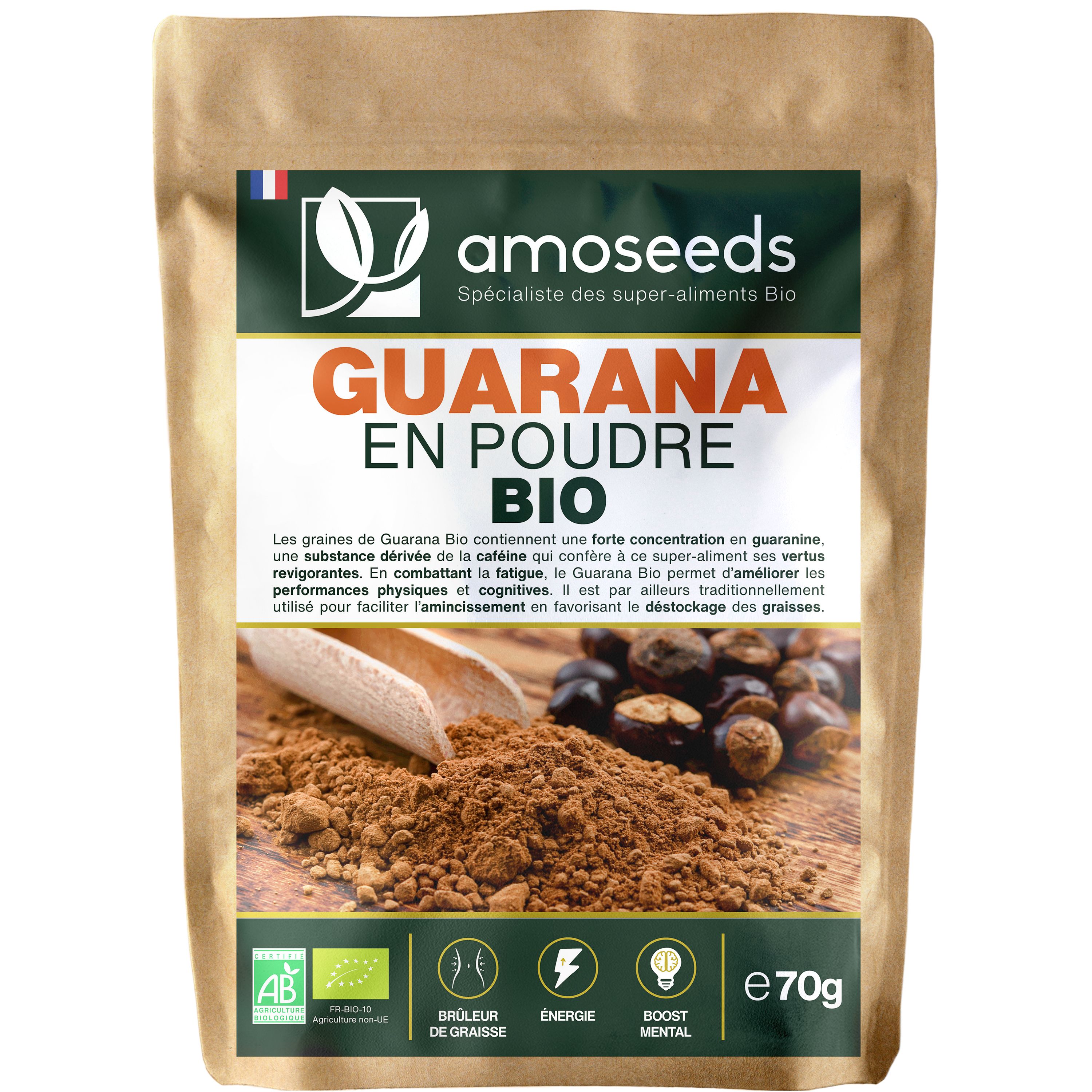 Braune Papiertüte mit Aufdruck. Enthält Guarana-Pulver. Text: amoseeds, GUARANA EN POUDRE BIO, Bio-Siegel, 70g.