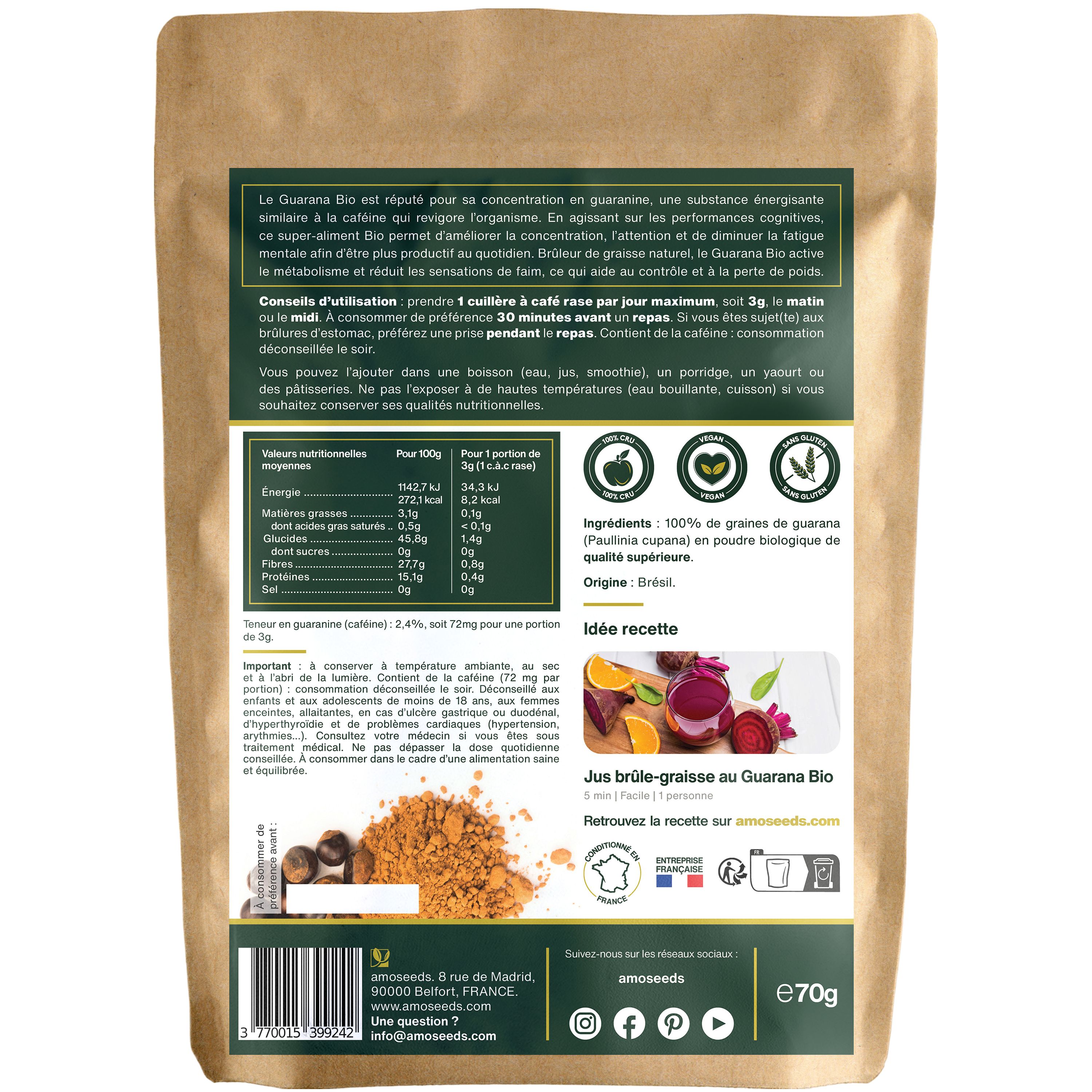 Rückseite der Papiertüte. Text: Nährwertangaben, Zutaten, Rezeptvorschlag. Bio-Siegel. Gewicht: 70g. Adresse und Kontaktinformationen.