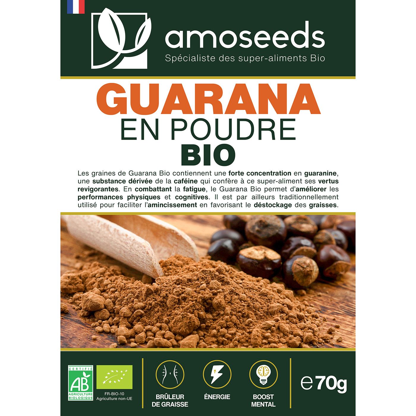 Braune Papiertüte mit Aufdruck. Enthält Guarana-Pulver. Text: amoseeds, GUARANA EN POUDRE BIO, Bio-Siegel, 70g.