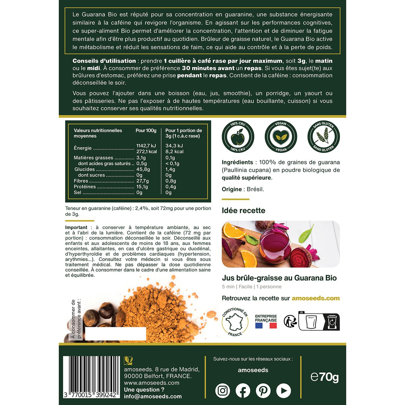 Rückseite der Papiertüte. Text: Nährwertangaben, Zutaten, Rezeptvorschlag. Bio-Siegel. Gewicht: 70g. Adresse und Kontaktinformationen.