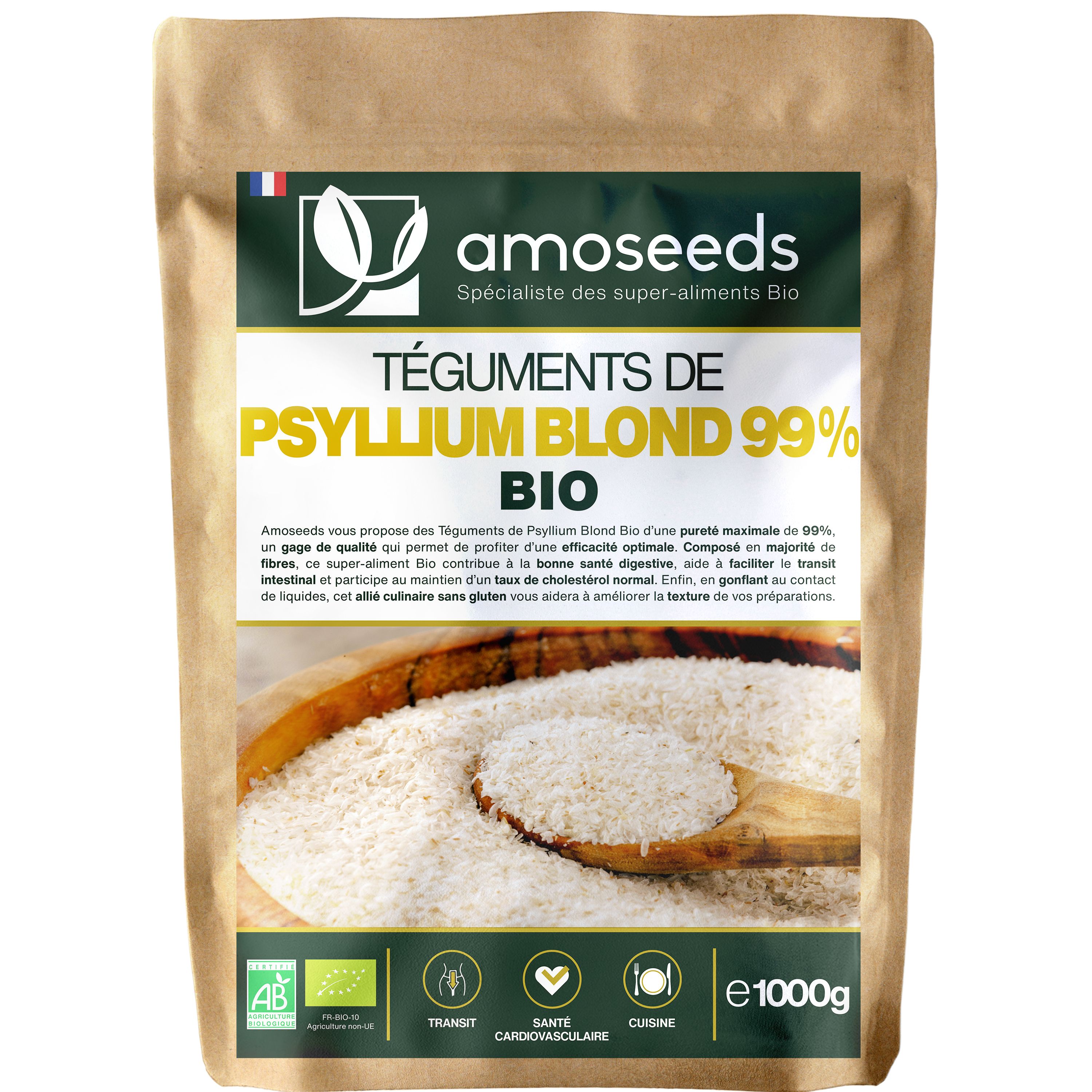 Sachet avec informations produit et logo. Inscription: Téguments de Psyllium Blond 99% Bio. Drapeau français.