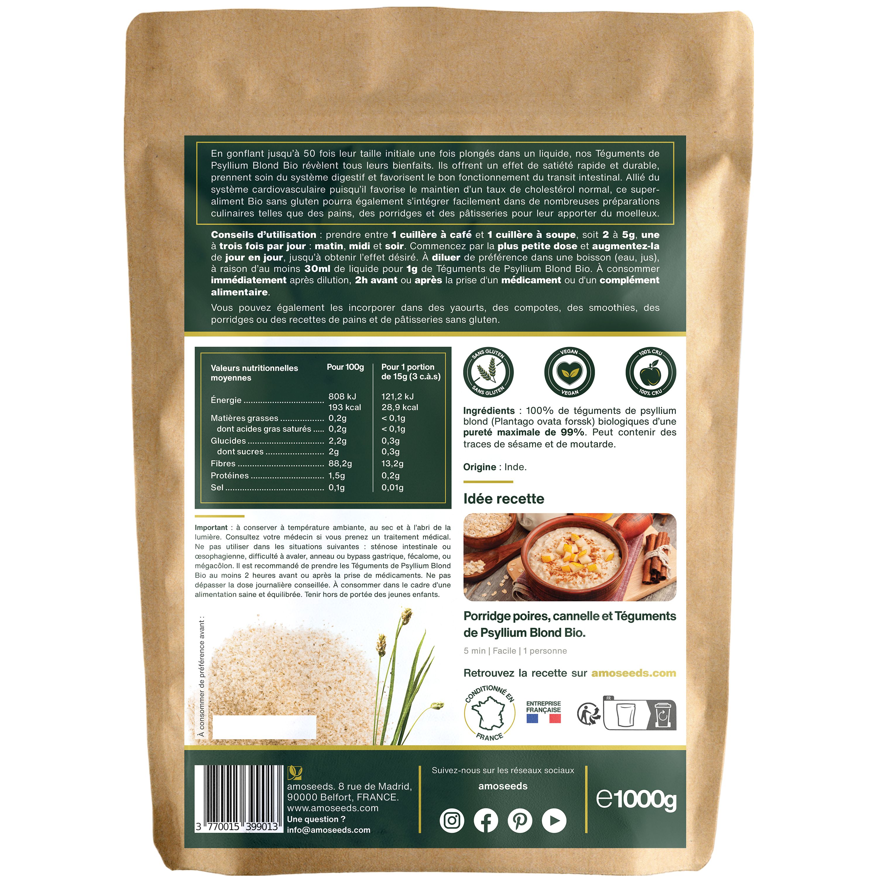 Dos du paquet avec texte, informations nutritionnelles et recette. Drapeau français et label bio.