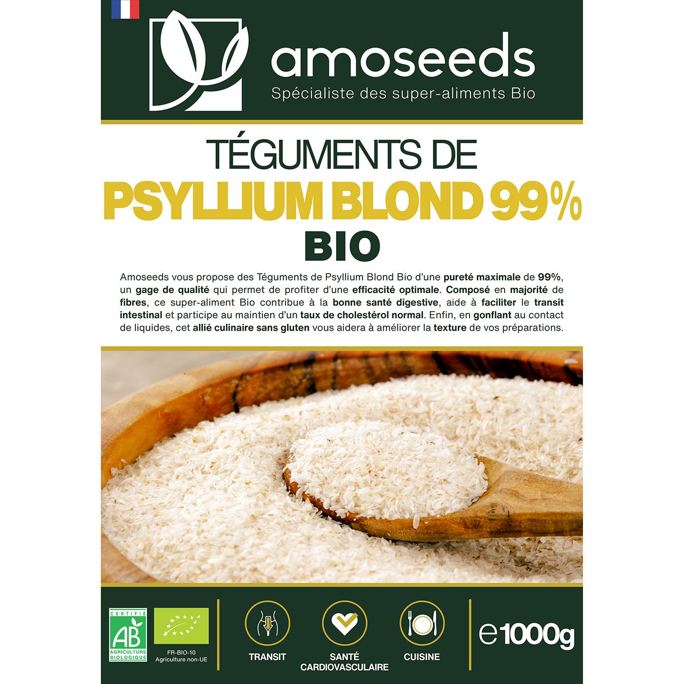 Emballage du produit avec logo et texte. Inscription: Téguments de Psyllium Blond 99% Bio. Drapeau français.