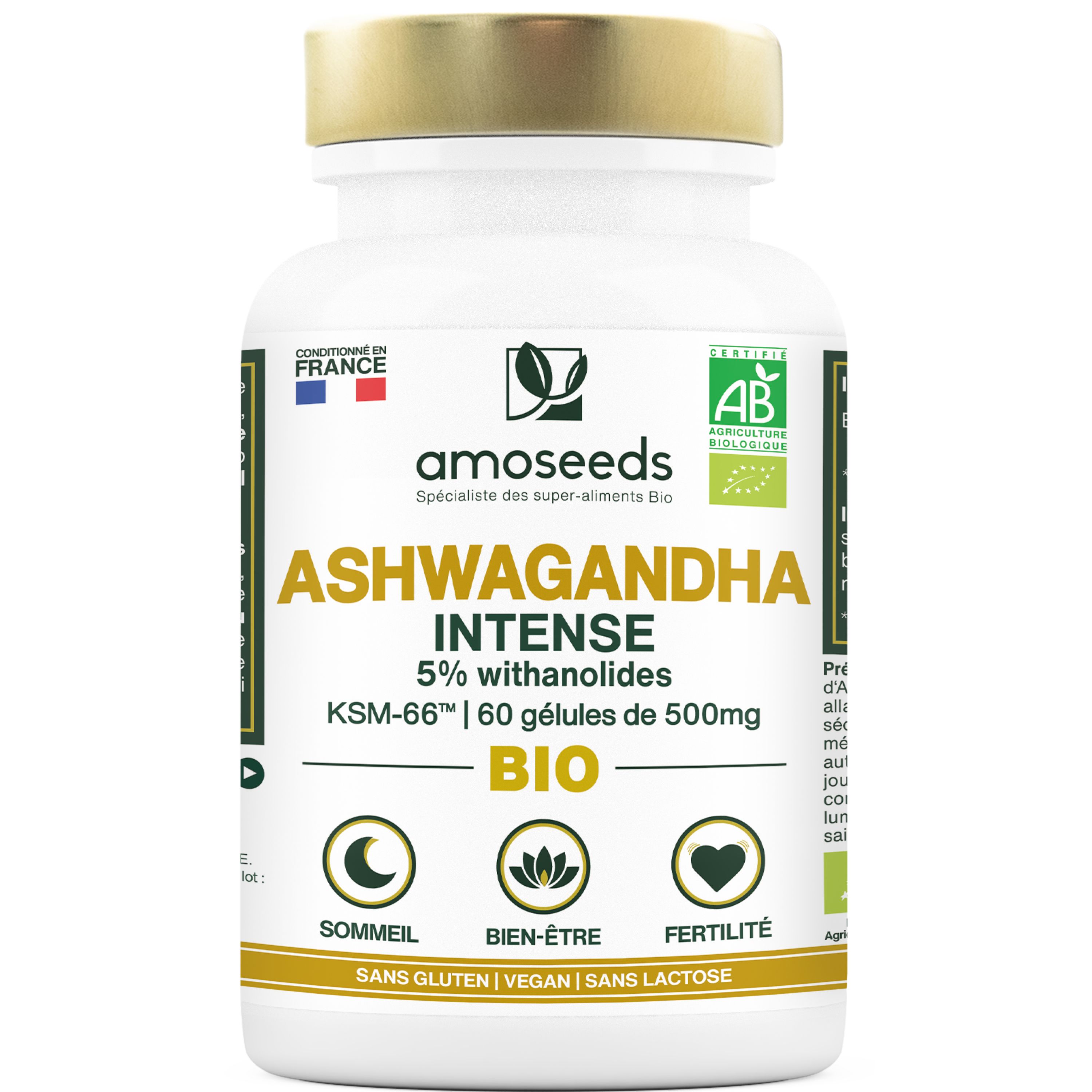 Weiße Flasche mit goldfarbenem Deckel. Aufschrift: amoseeds ASHWAGANDHA INTENSE BIO. Mit AB-Bio-Siegel.