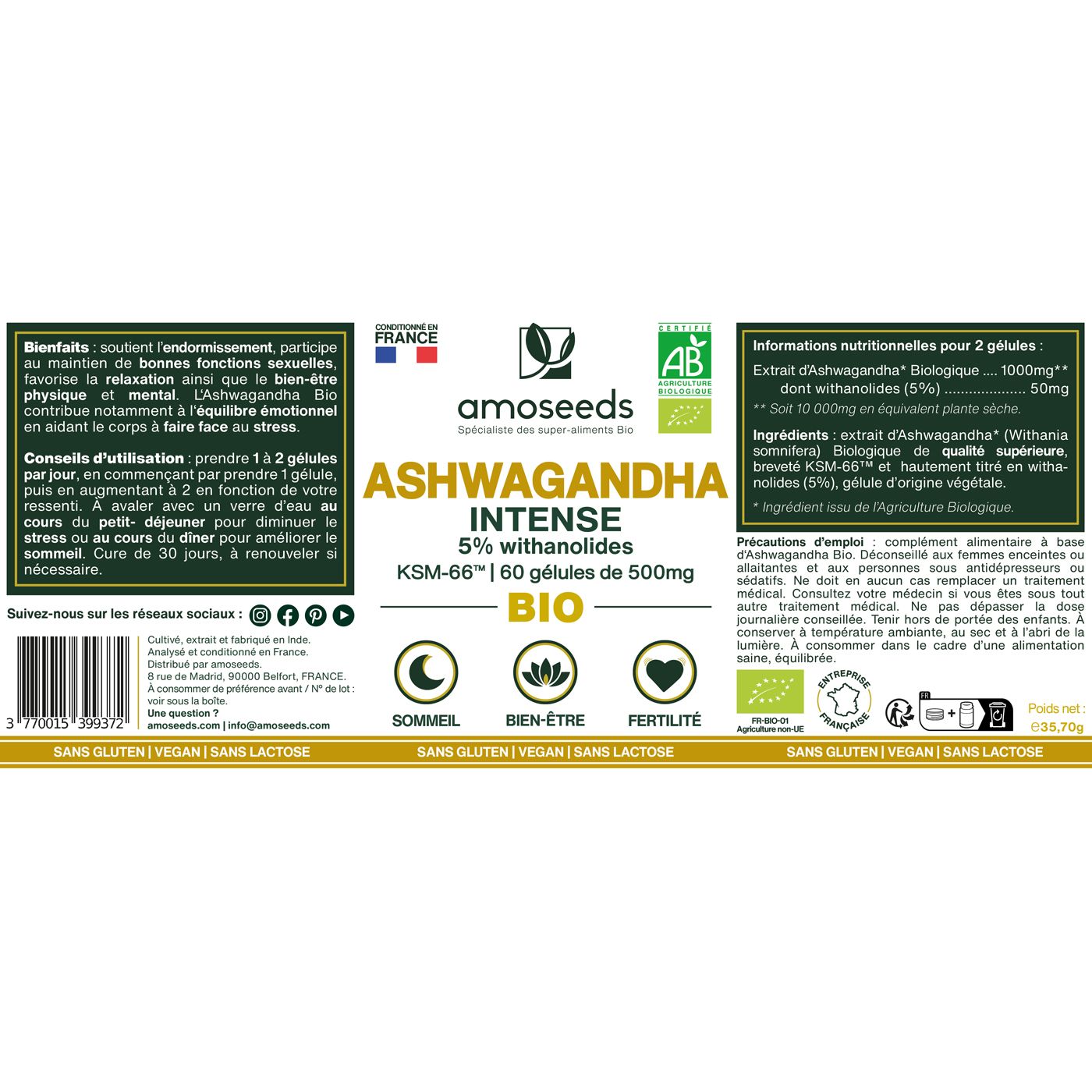 Etikett mit Text: ASHWAGANDHA INTENSE BIO, 5% withanolides, KSM-66. Mit AB-Bio-Siegel.