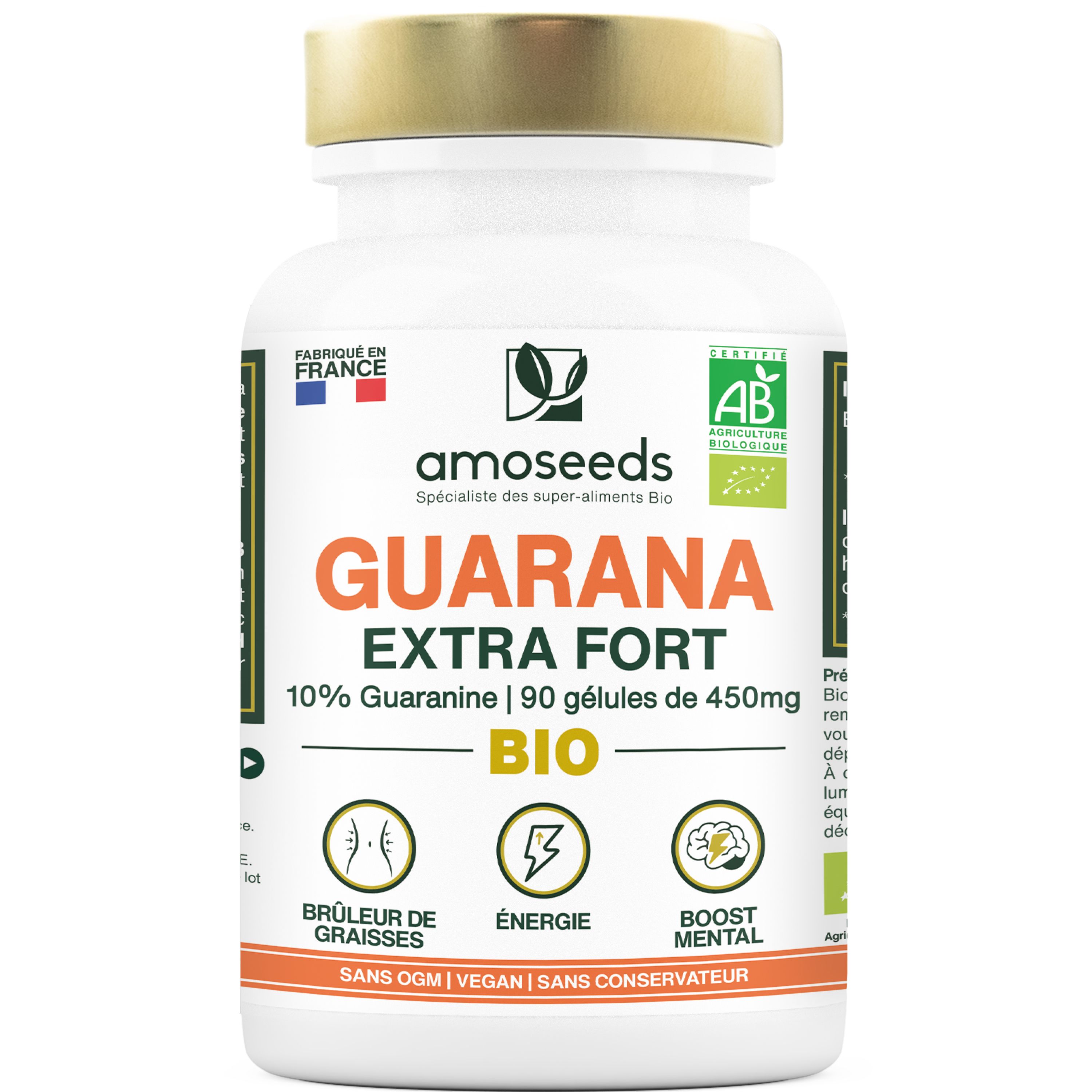 Weiße Flasche mit goldfarbenem Deckel. Aufschrift: amoseeds GUARANA EXTRA FORT BIO. Mit AB-Bio-Siegel.
