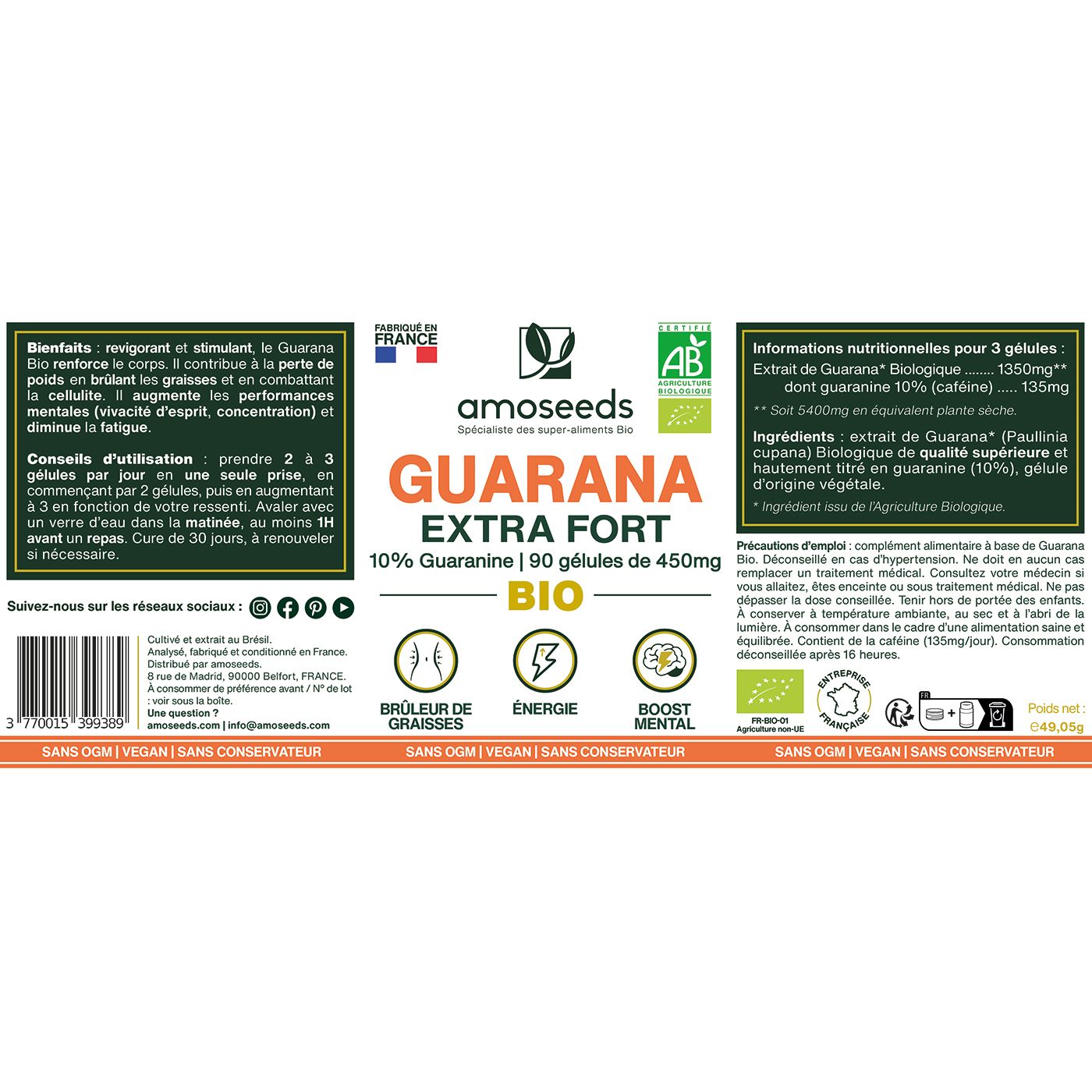 Rückseite und Vorderseite der weißen Flasche. Text: amoseeds GUARANA EXTRA FORT BIO, AB-Bio-Siegel.