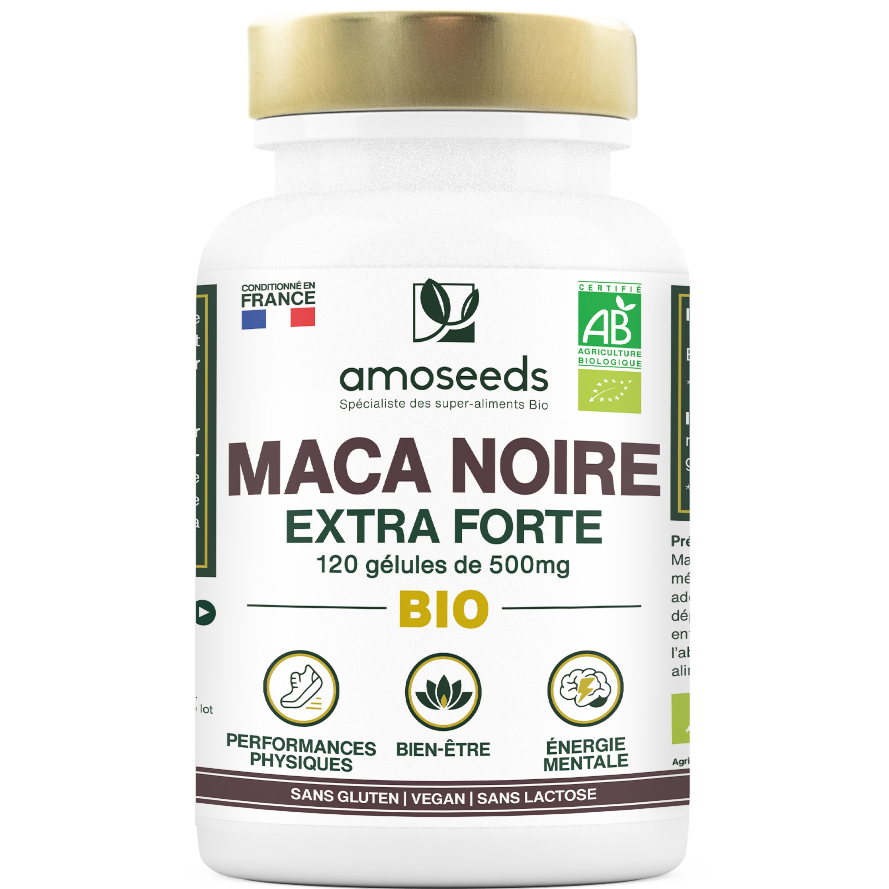 Flacon blanc de gélules. Inscription: amoseeds MACA NOIRE ORGANIC, EXTRA FORTE, BIO. Labels bio français et européen.
