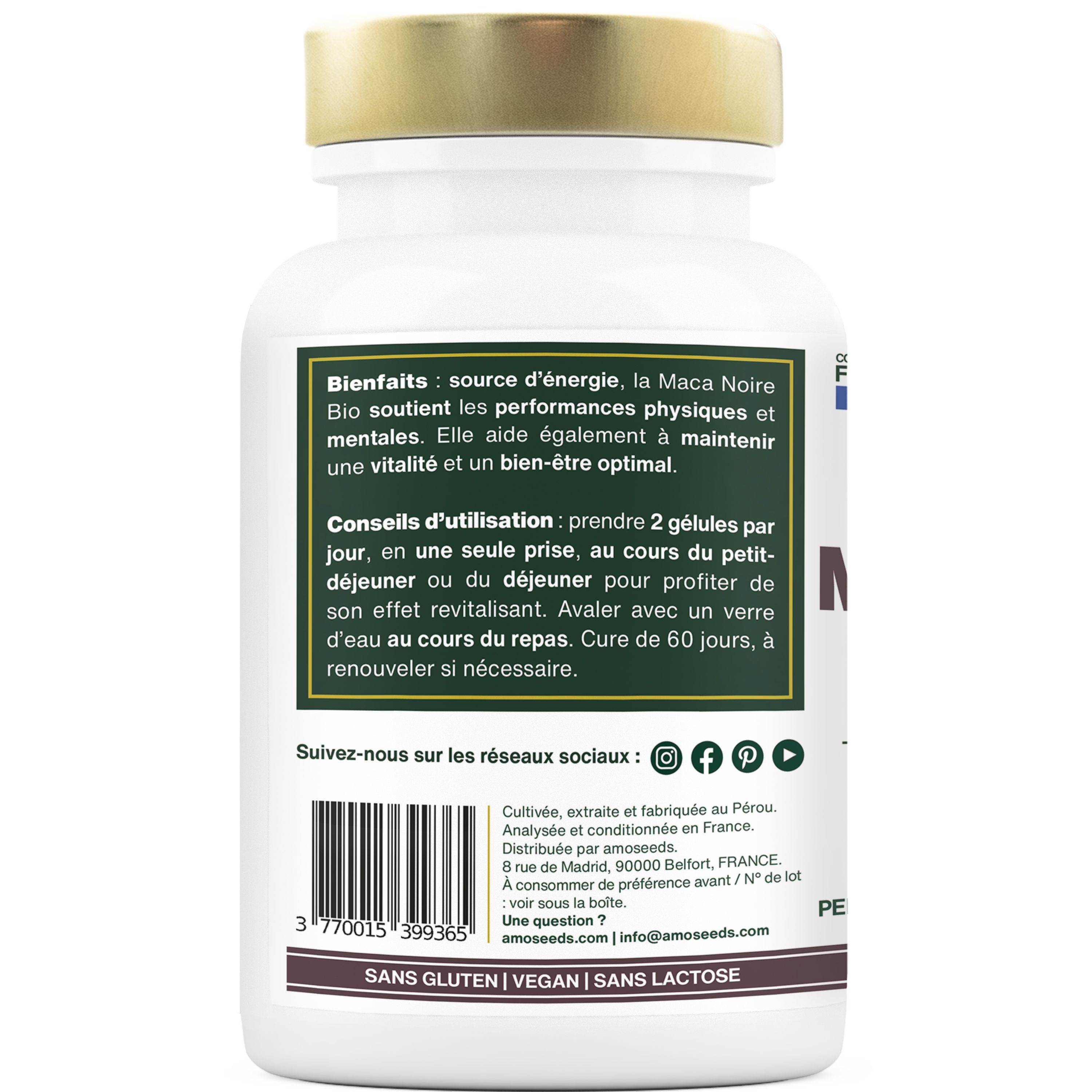 Dos du flacon avec texte. Contient des informations sur les ingrédients, l'utilisation et la valeur nutritionnelle. Code-barres en bas.