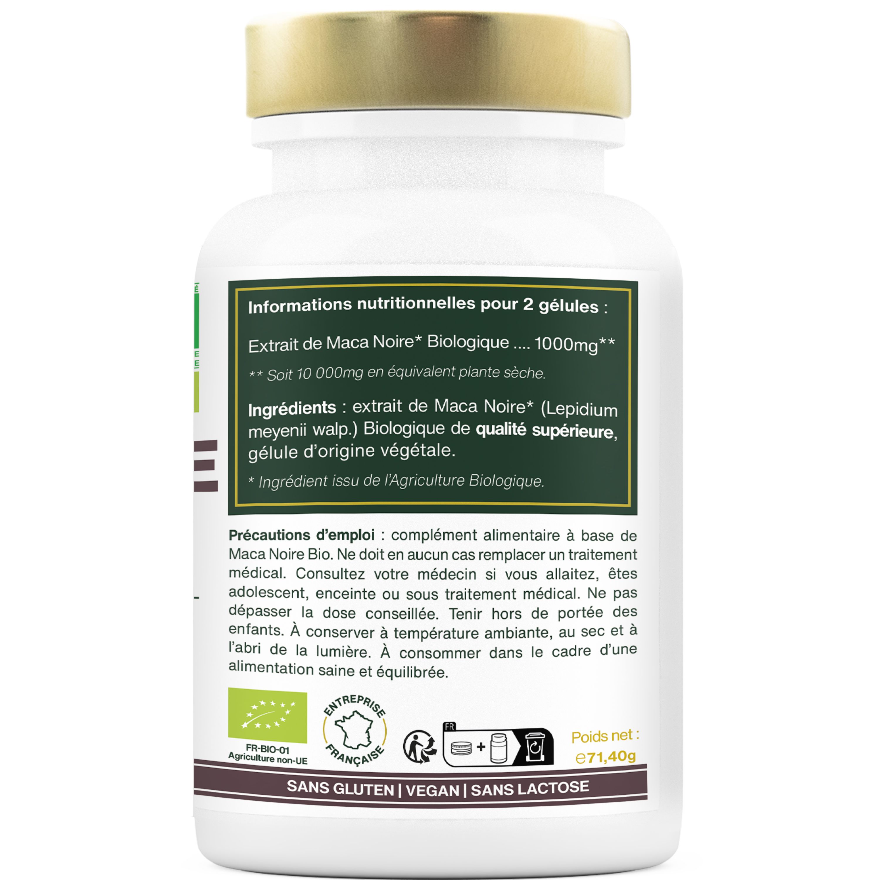 Dos du flacon avec texte. Contient des informations sur les ingrédients, l'utilisation et la valeur nutritionnelle. Label bio UE.