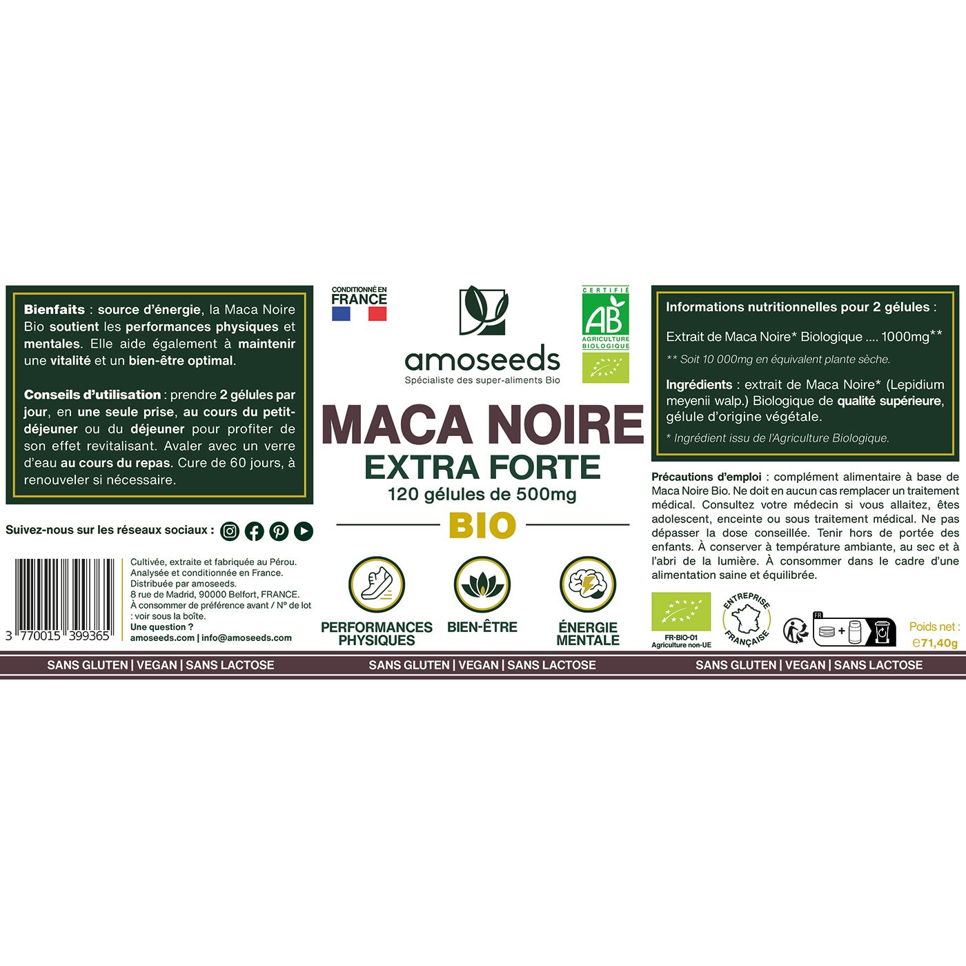 Étiquette avec texte. Contient des informations sur les ingrédients, l'utilisation et la valeur nutritionnelle. Labels bio français et UE.