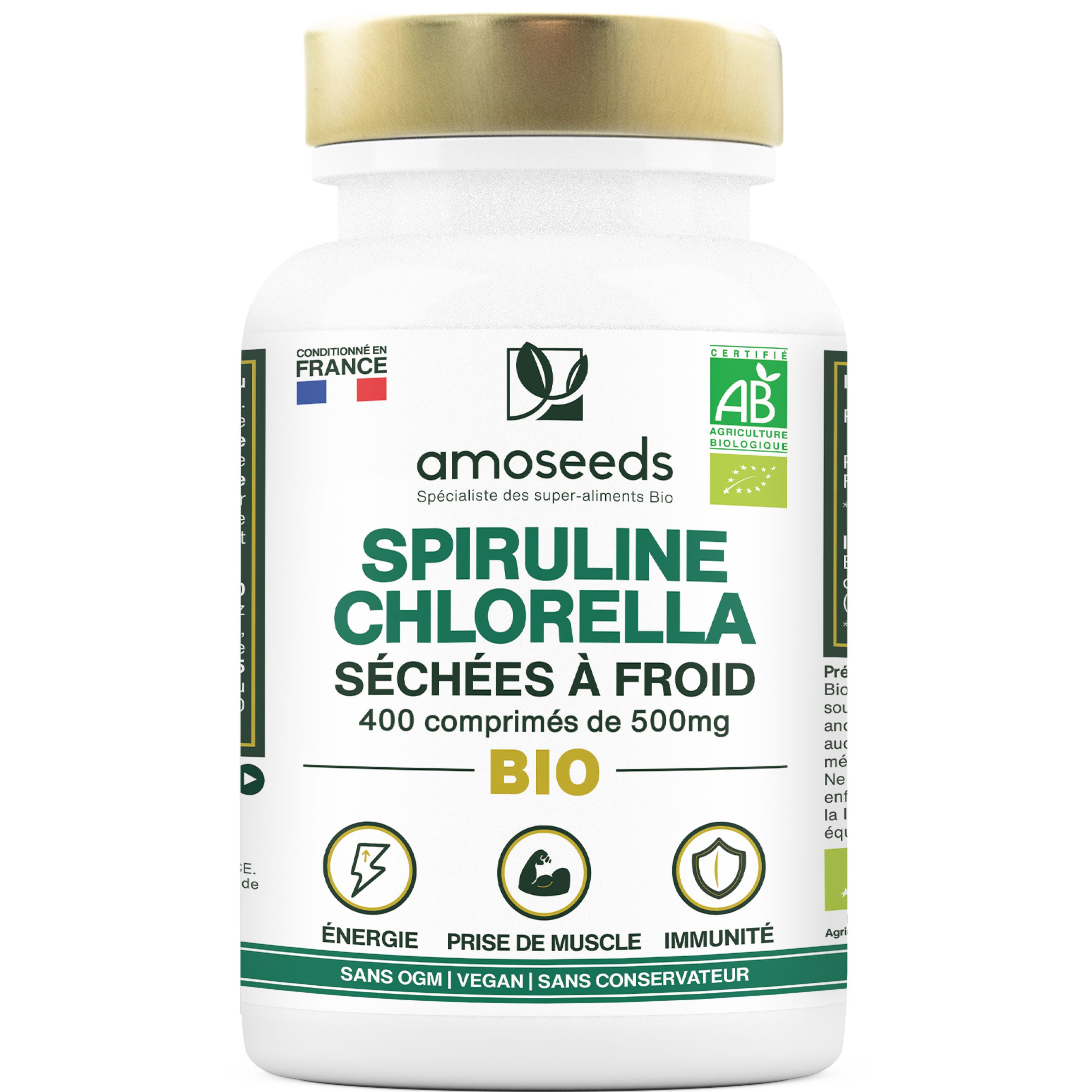 Flacon blanc avec comprimés verts. Inscription: amoseeds Spiruline Chlorella Bio. Label AB.