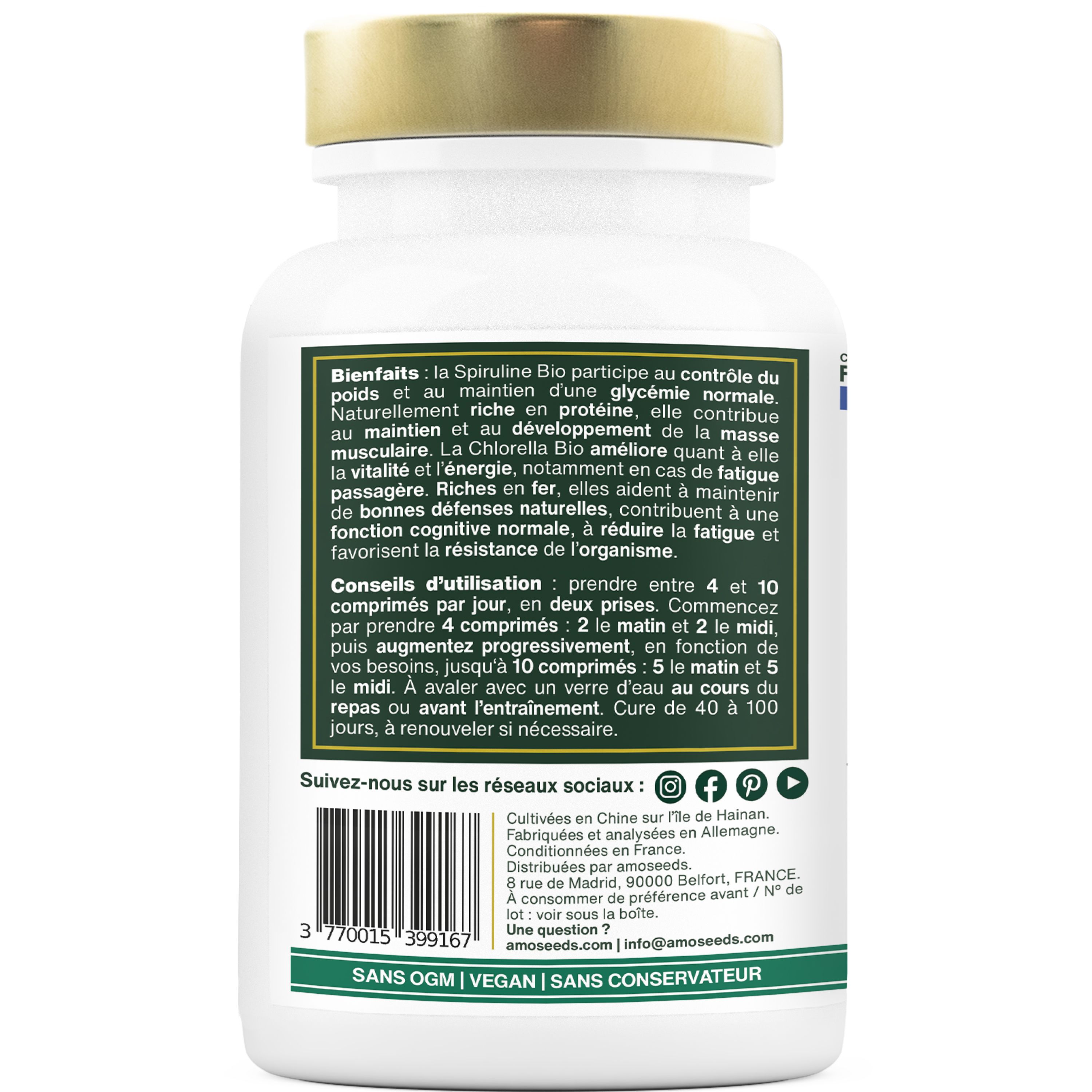 Dos du flacon blanc. Texte sur les bienfaits de la spiruline et chlorella. Code QR et icônes réseaux sociaux.