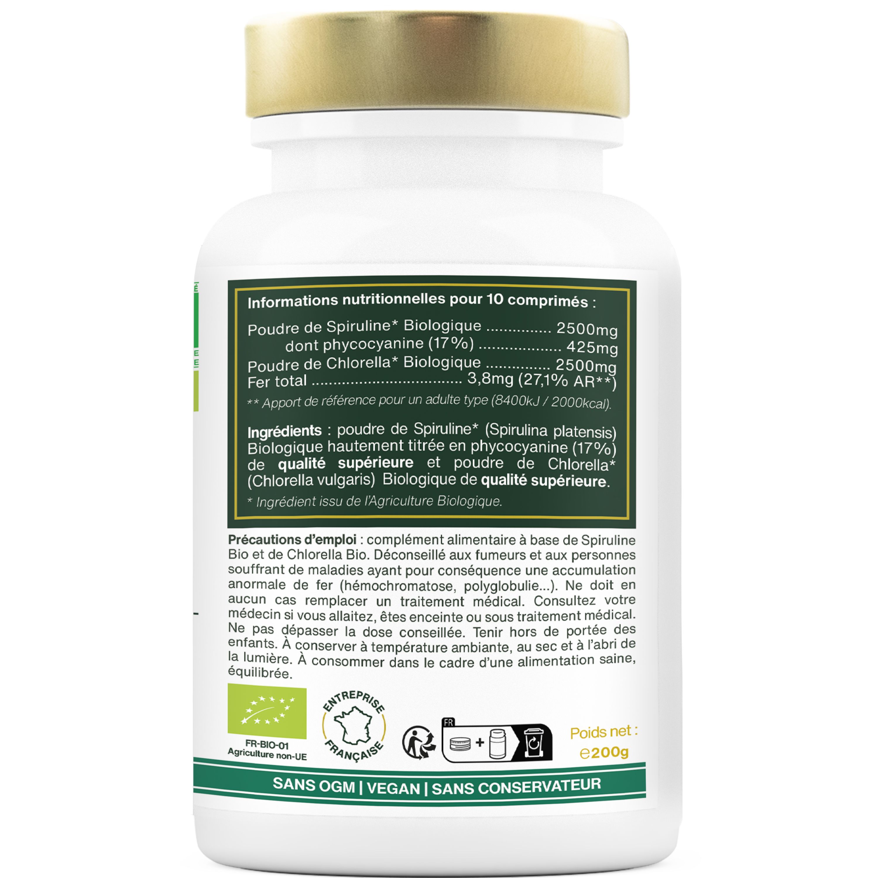 Dos du flacon blanc. Informations nutritionnelles pour 10 comprimés. Liste des ingrédients. Avertissements.