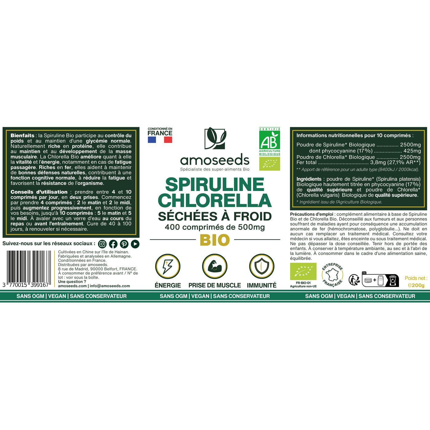 Étiquette sur flacon blanc. Inscription: amoseeds Spiruline Chlorella Bio. Label AB. 400 comprimés.