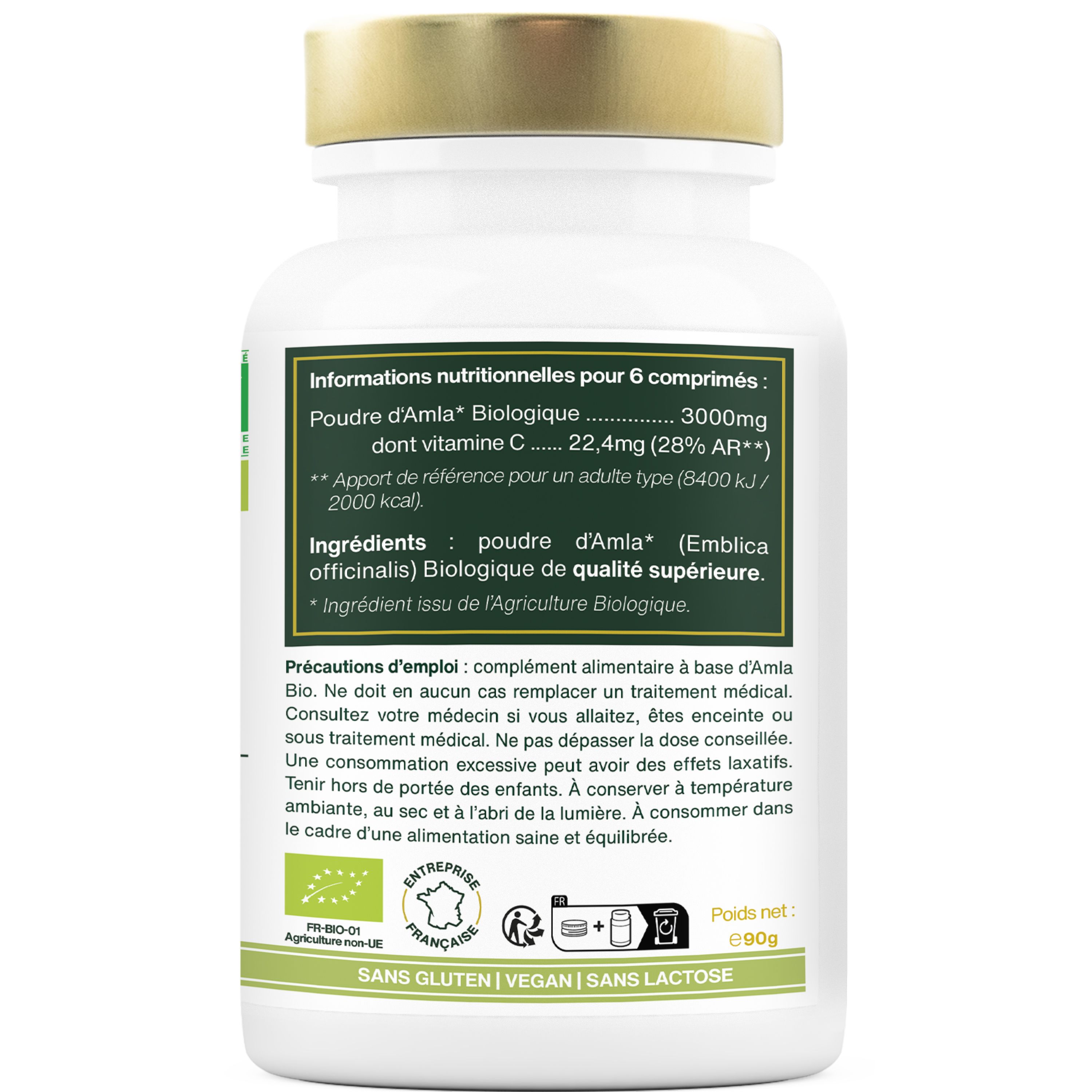 Dos du flacon blanc. Informations sur les ingrédients et valeurs nutritionnelles. Label bio.