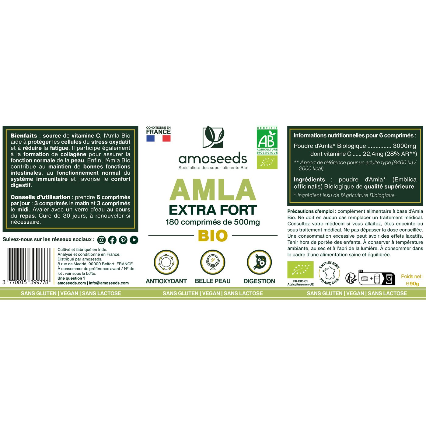 Étiquette du flacon avec informations produit: amoseeds AMLA BIO, EXTRA FORT. Label bio.