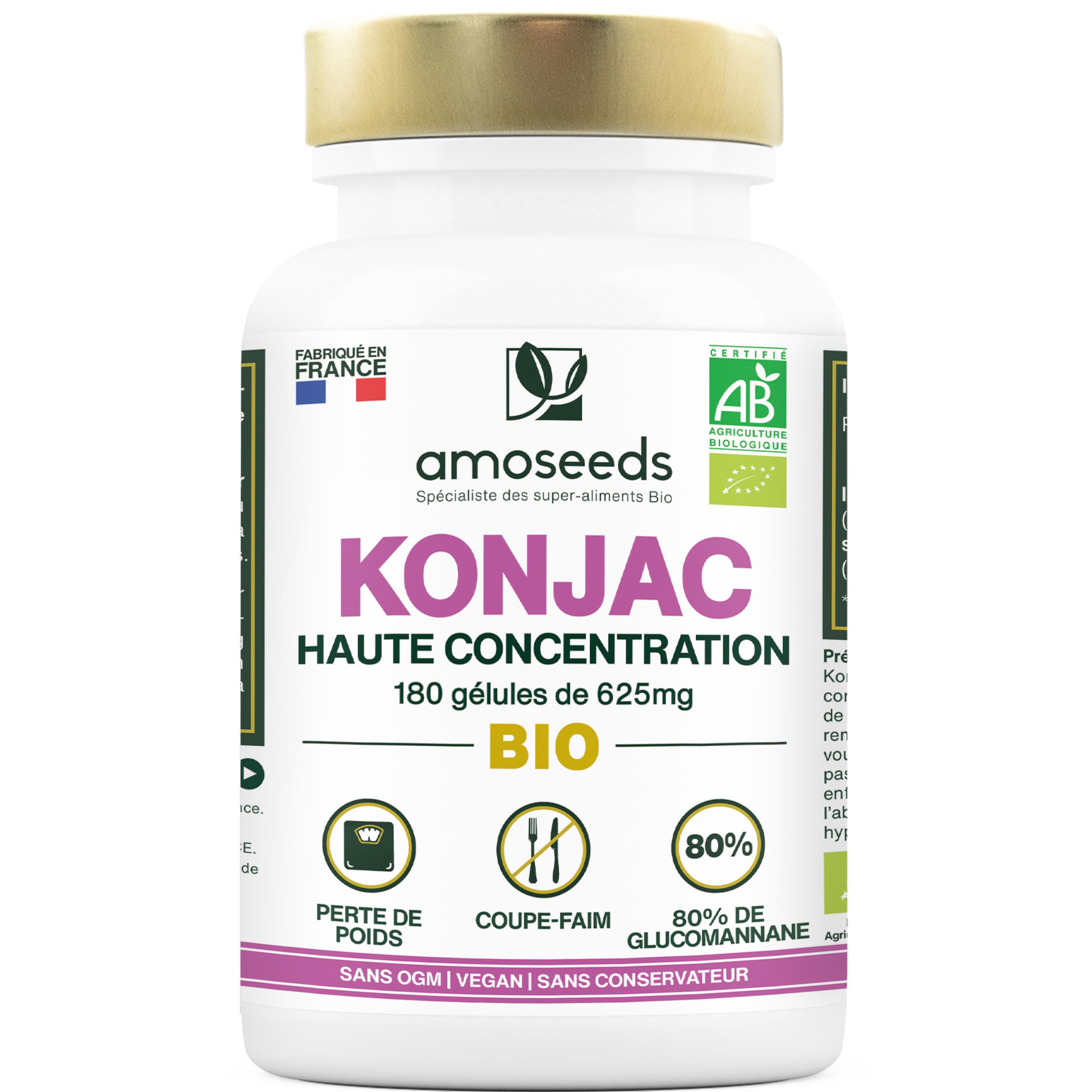Weiße Flasche mit goldfarbenem Deckel. Aufschrift: amoseeds KONJAC BIO. 180 Kapseln. Bio-Siegel.