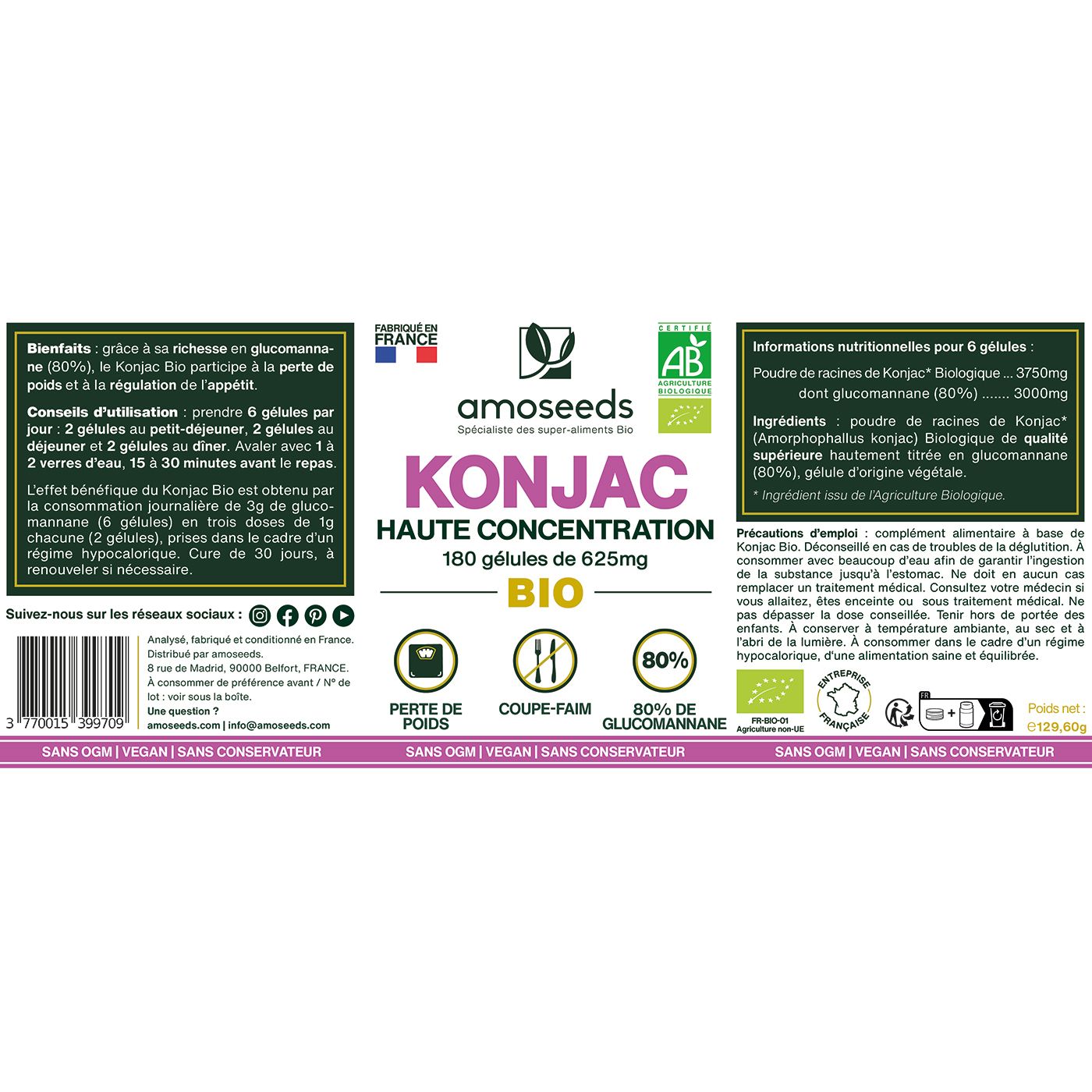 Etikett mit Produktinformationen. Aufschrift: amoseeds KONJAC BIO. 180 Kapseln. Bio-Siegel.