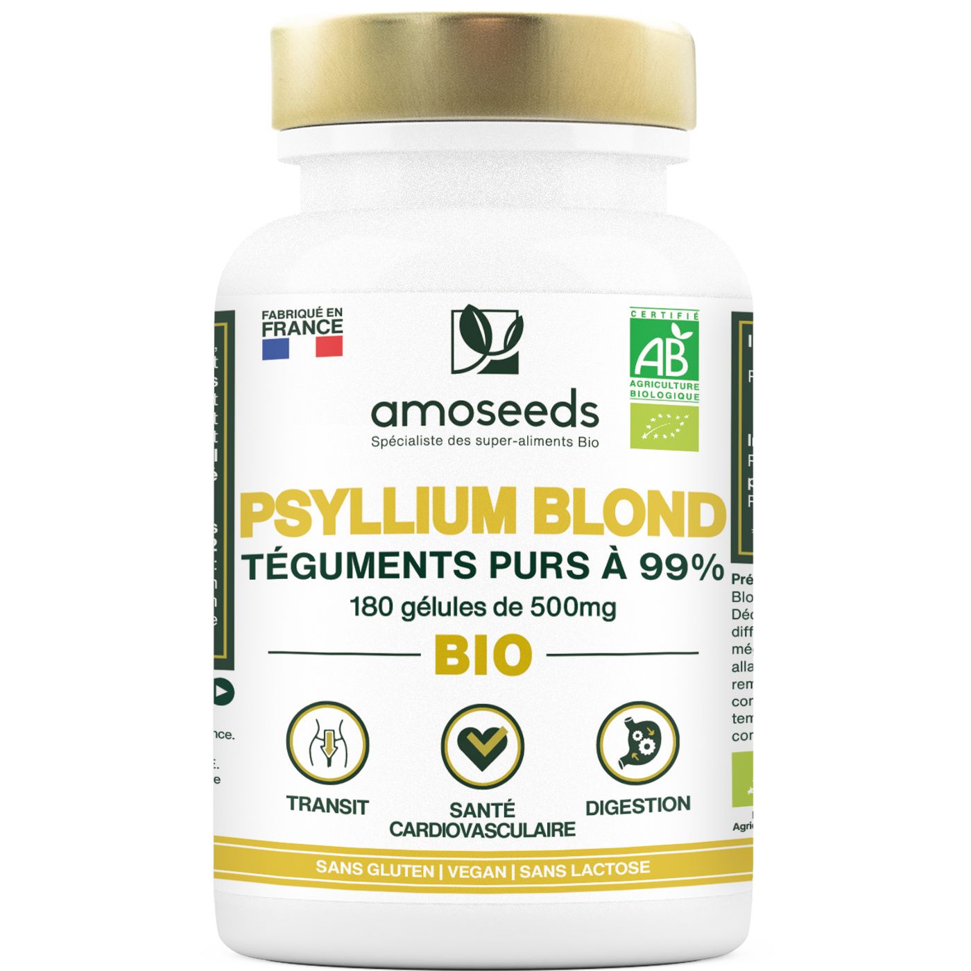Flacon blanc, bouchon doré. Inscription: amoseeds PSYLLIUM BLOND BIO, 180 gélules.