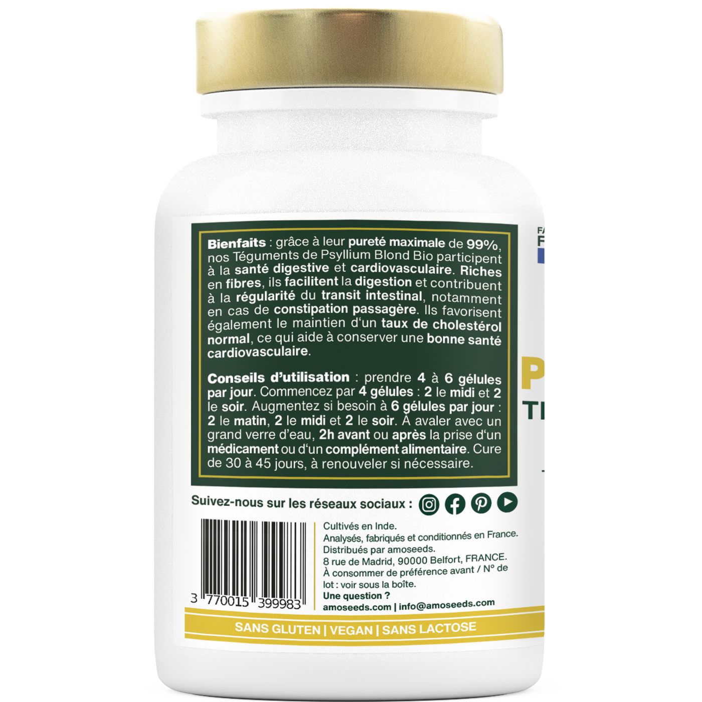 Dos du flacon. Texte sur les bienfaits et l'utilisation de PSYLLIUM BLOND BIO.