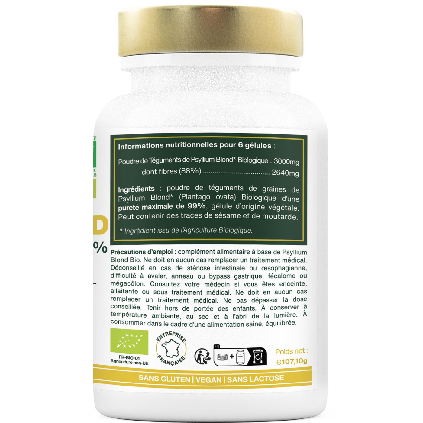 Dos du flacon. Informations nutritionnelles et précautions d'emploi de PSYLLIUM BLOND BIO.