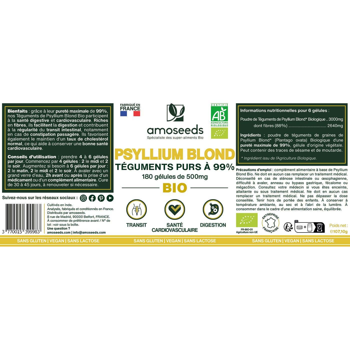 Étiquette du flacon. Texte: amoseeds PSYLLIUM BLOND BIO, 180 gélules, certification BIO.