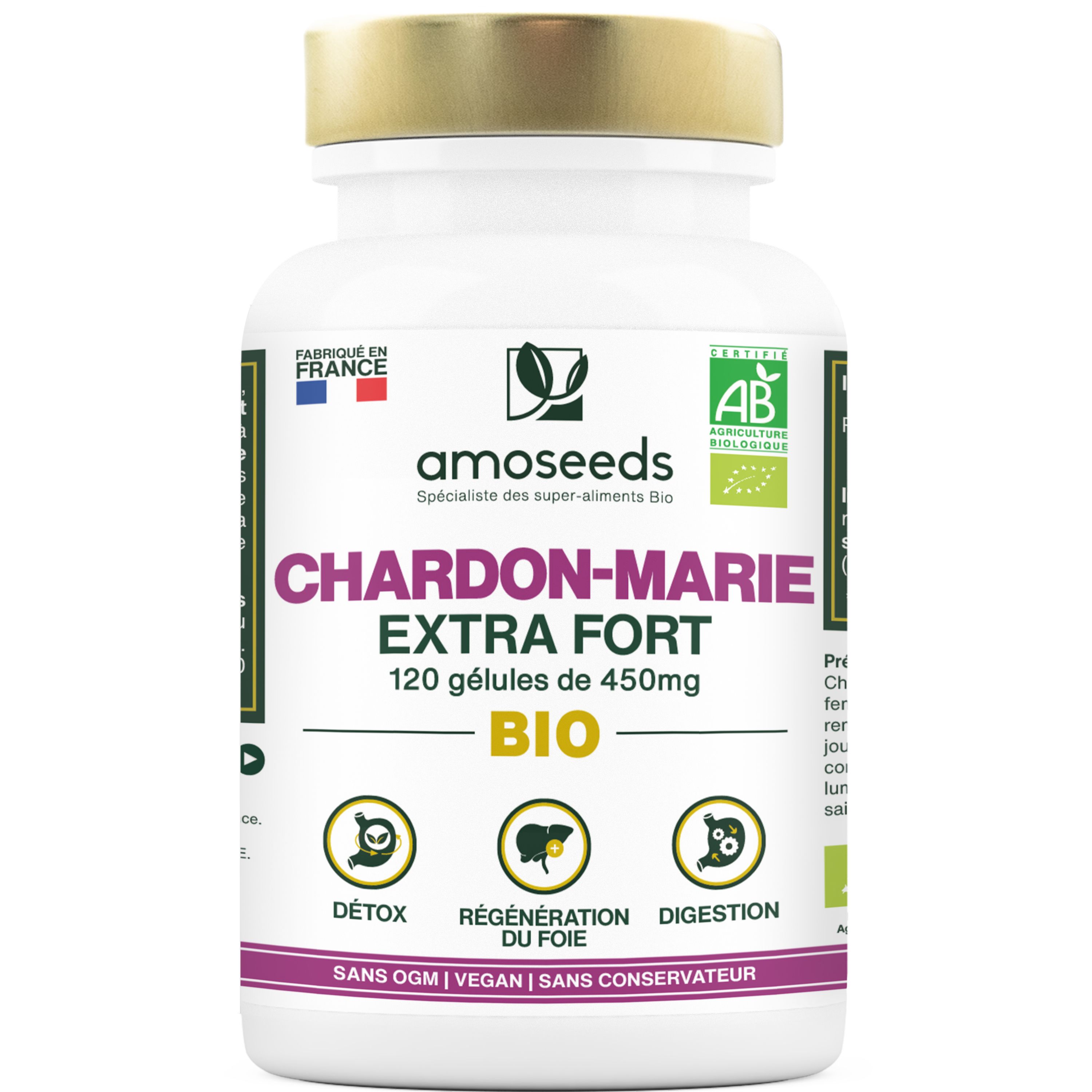 Flacon blanc amoseeds CHARDON-MARIE EXTRA FORT BIO. 120 gélules. Labels AB et Fabriqué en France.