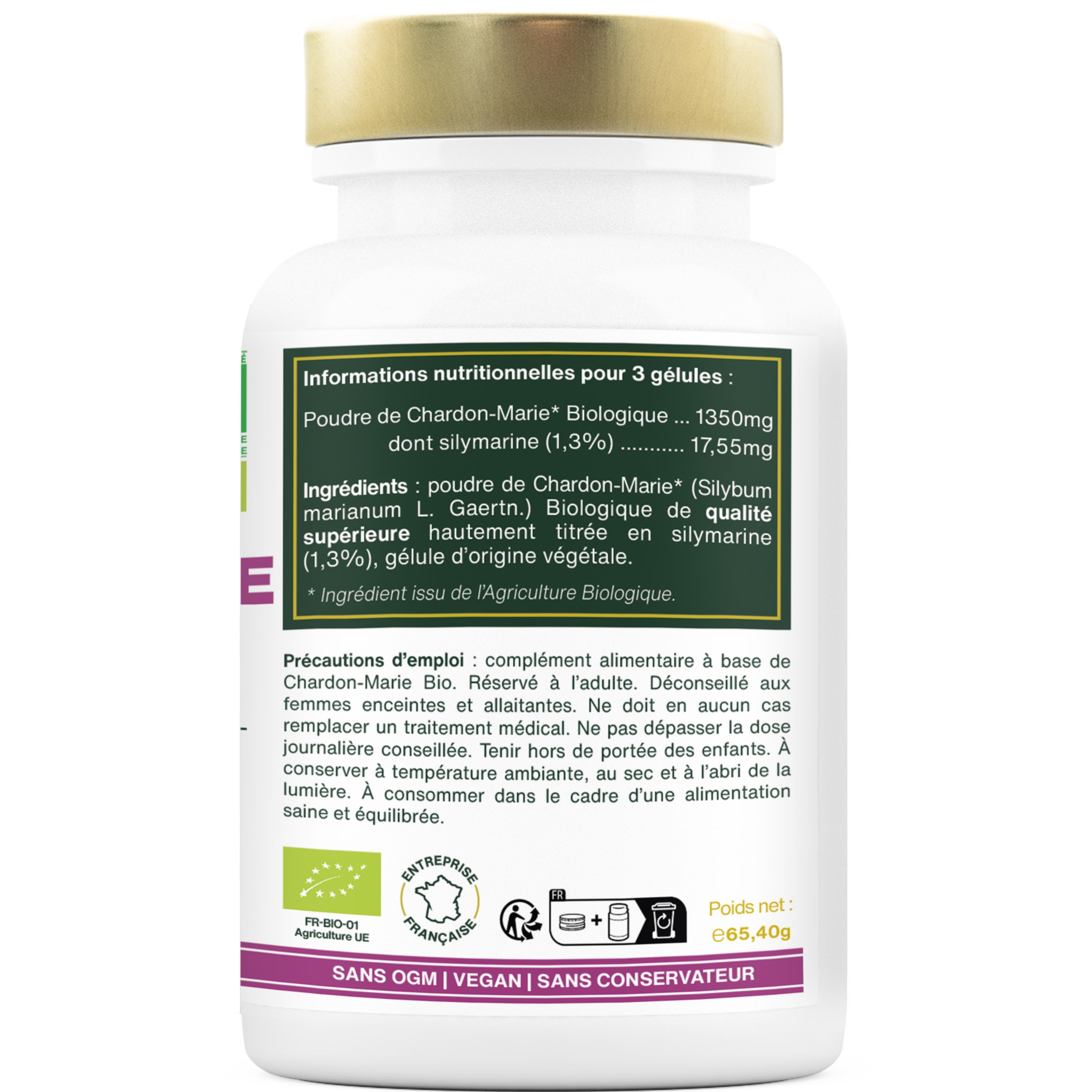 Dos du flacon. Informations nutritionnelles, précautions d'emploi et label bio.